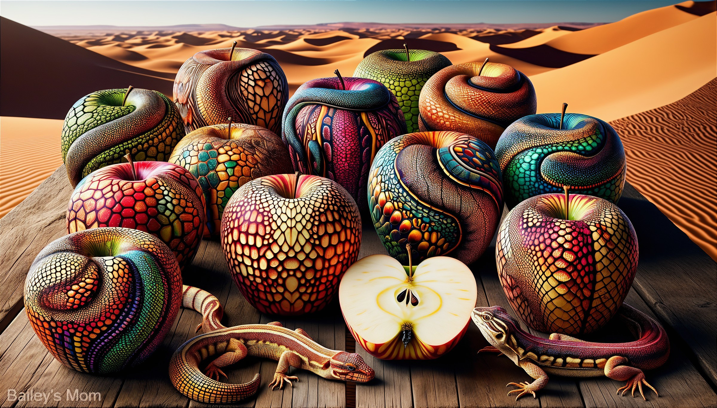 Surreal Apples with Reptilian Patterns on a Table