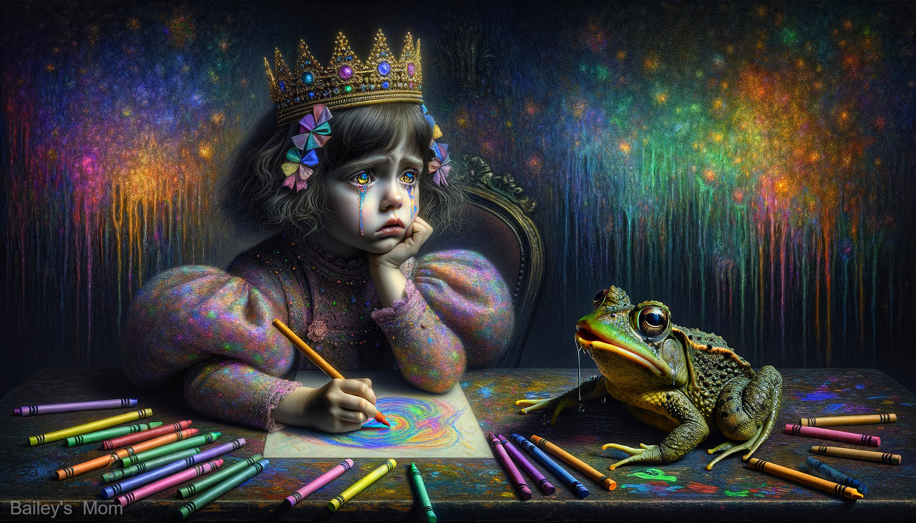 Young girl with crown sketches beside observing frog