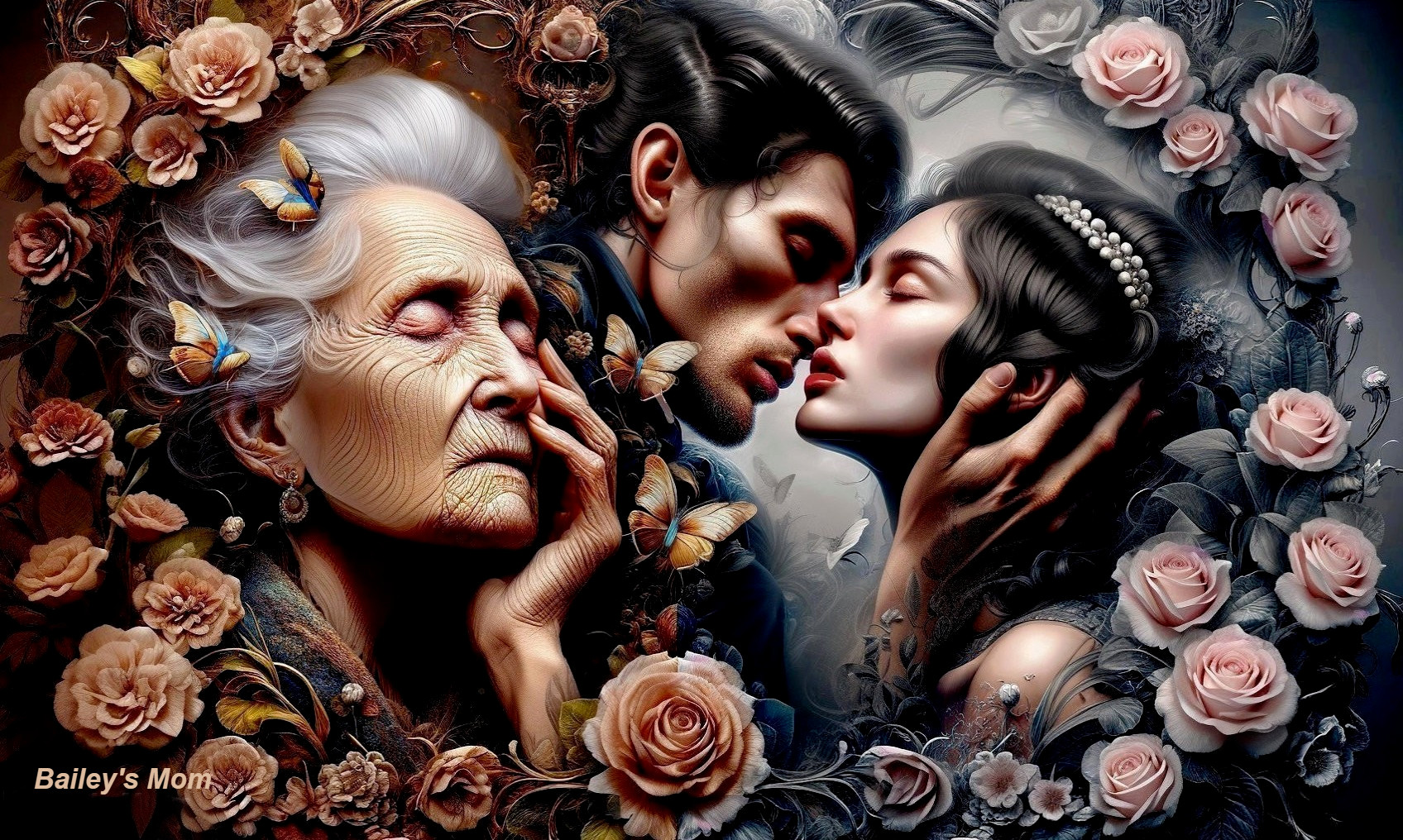 Three Figures in Floral Frame with Emotional Connection