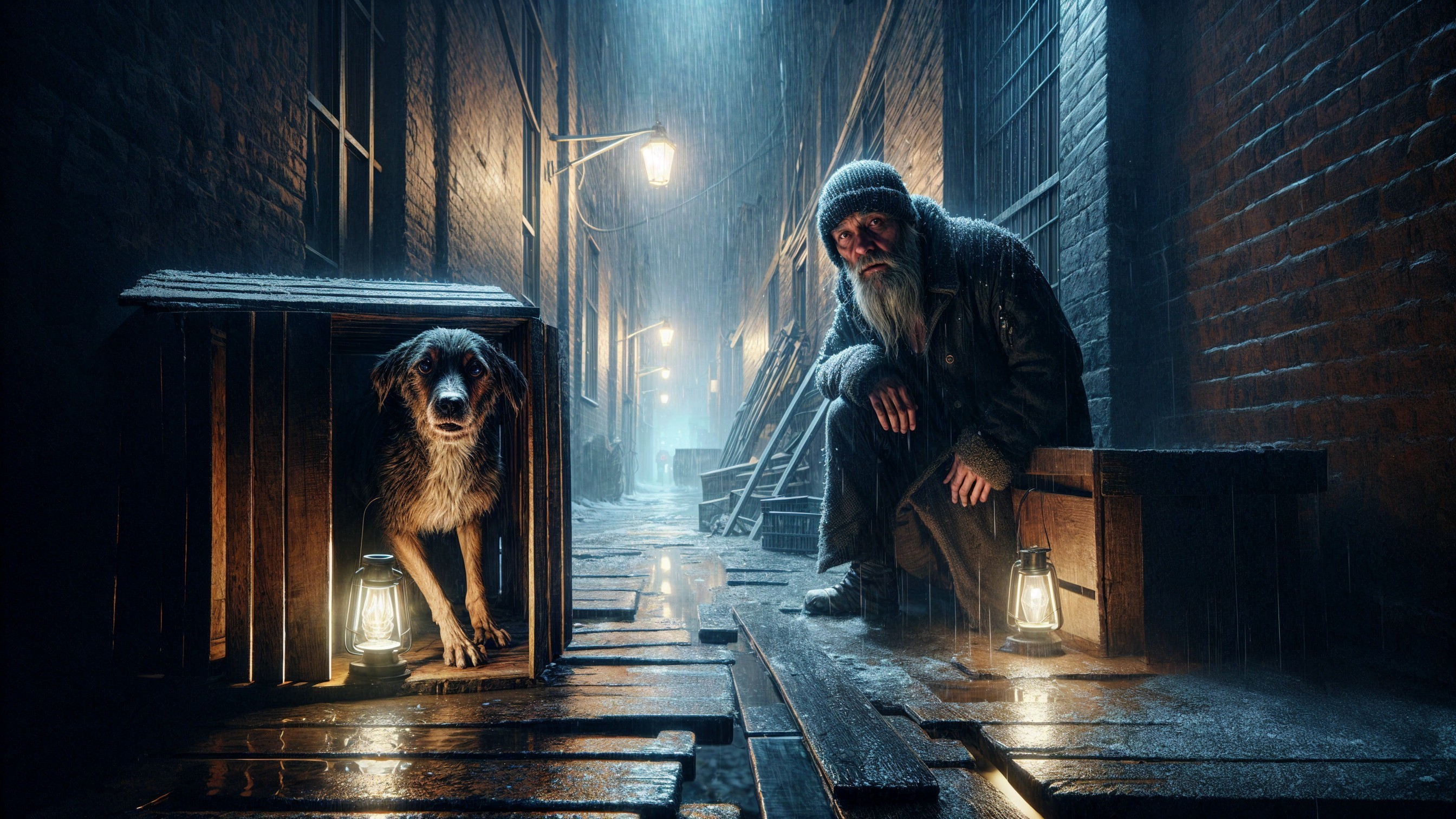 Old Man and Dog in Rainy Alley Scene