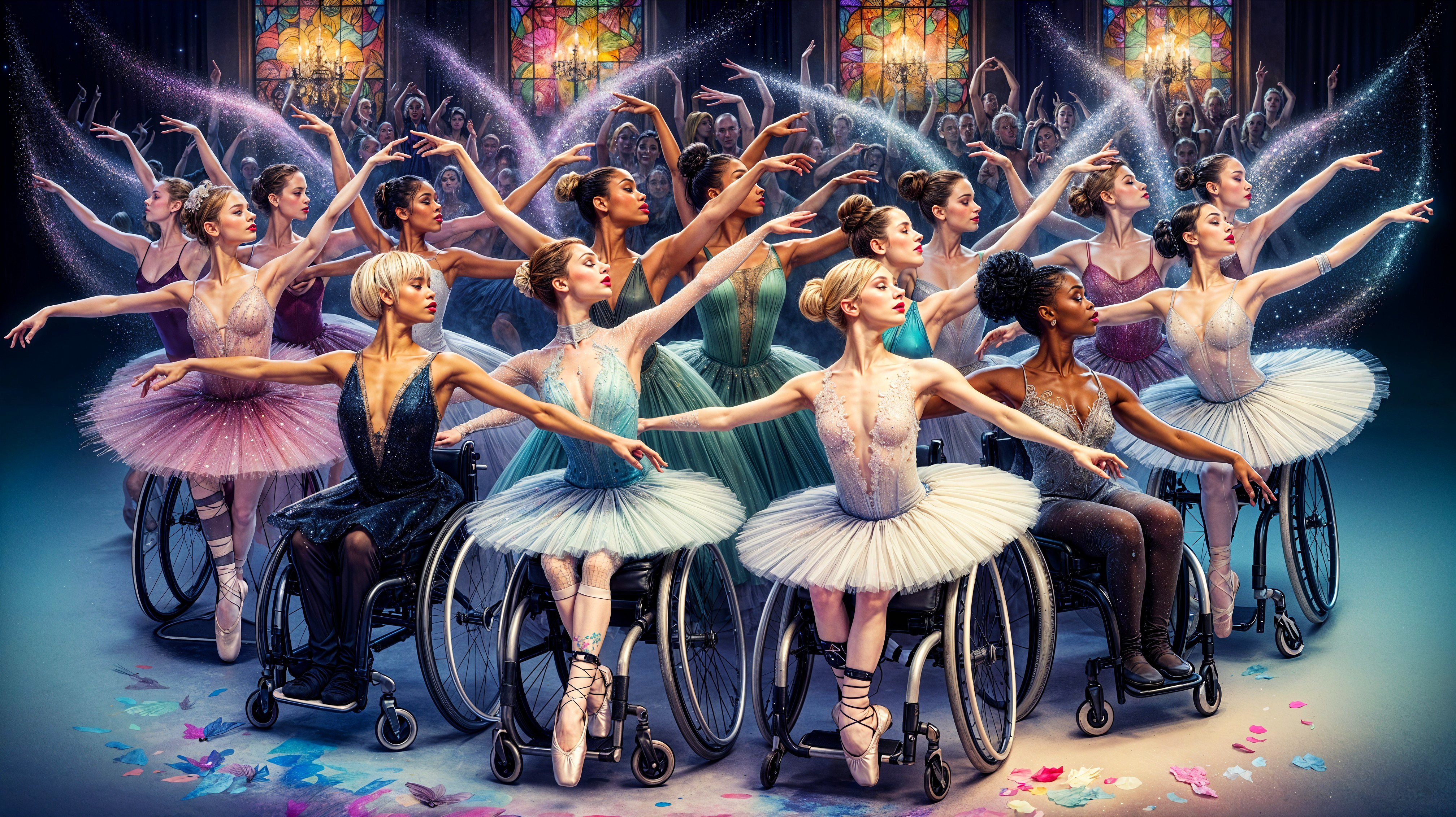 Diverse Ballet Scene with Dancers in Pastel Tutus