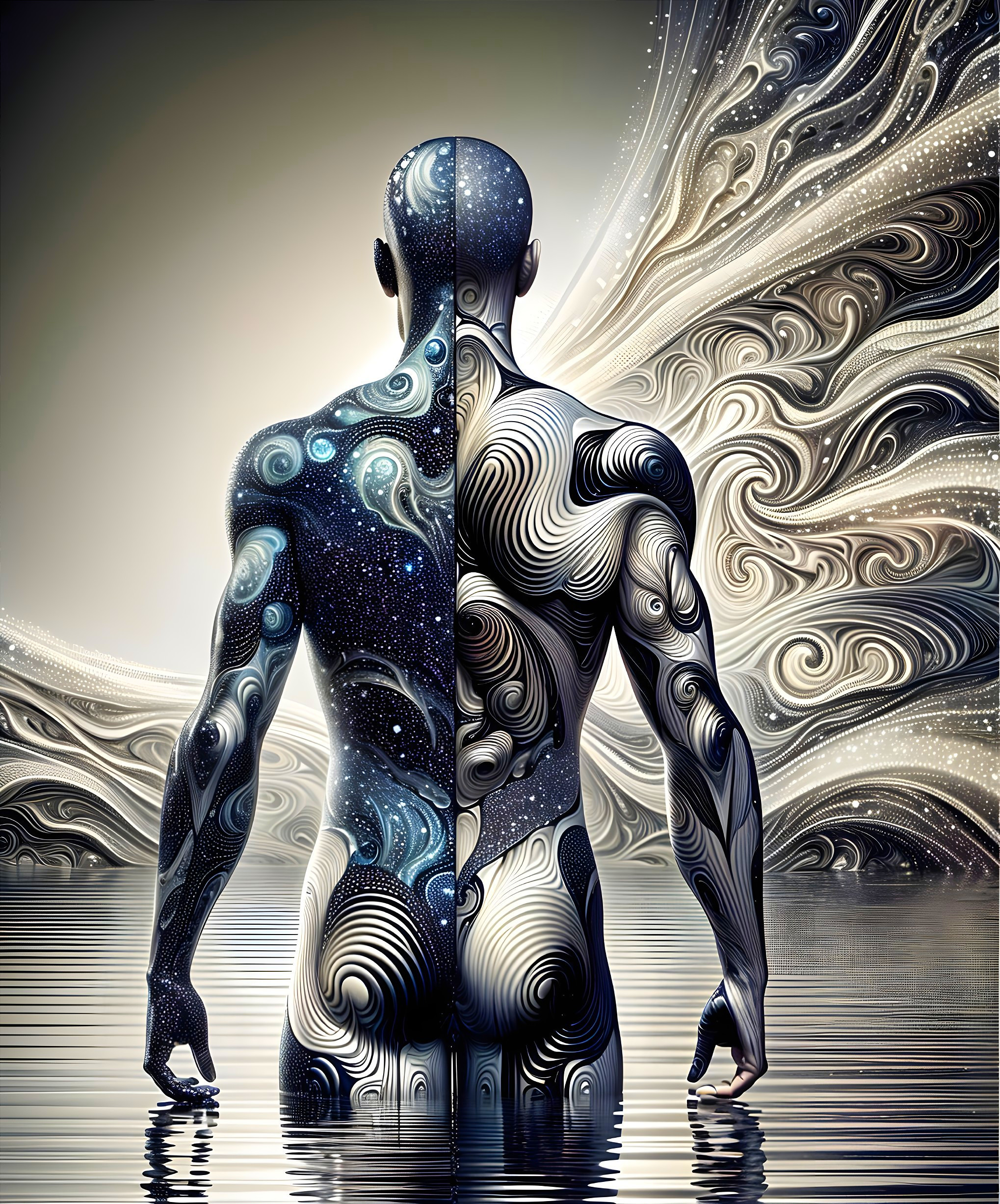 Cosmic-Themed Figure Reflected in Serene Water