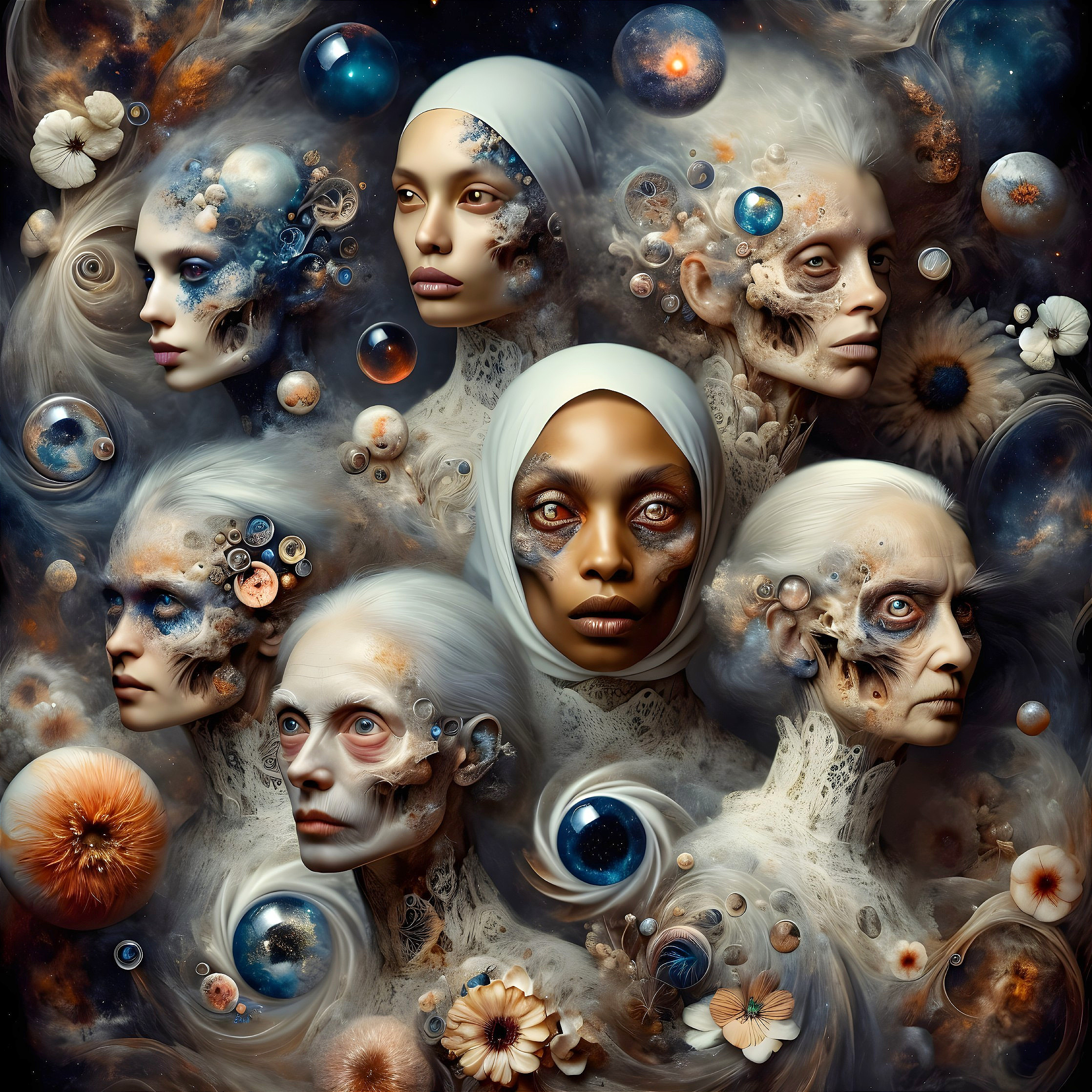 Surreal Collage of Female Faces with Cosmic Elements