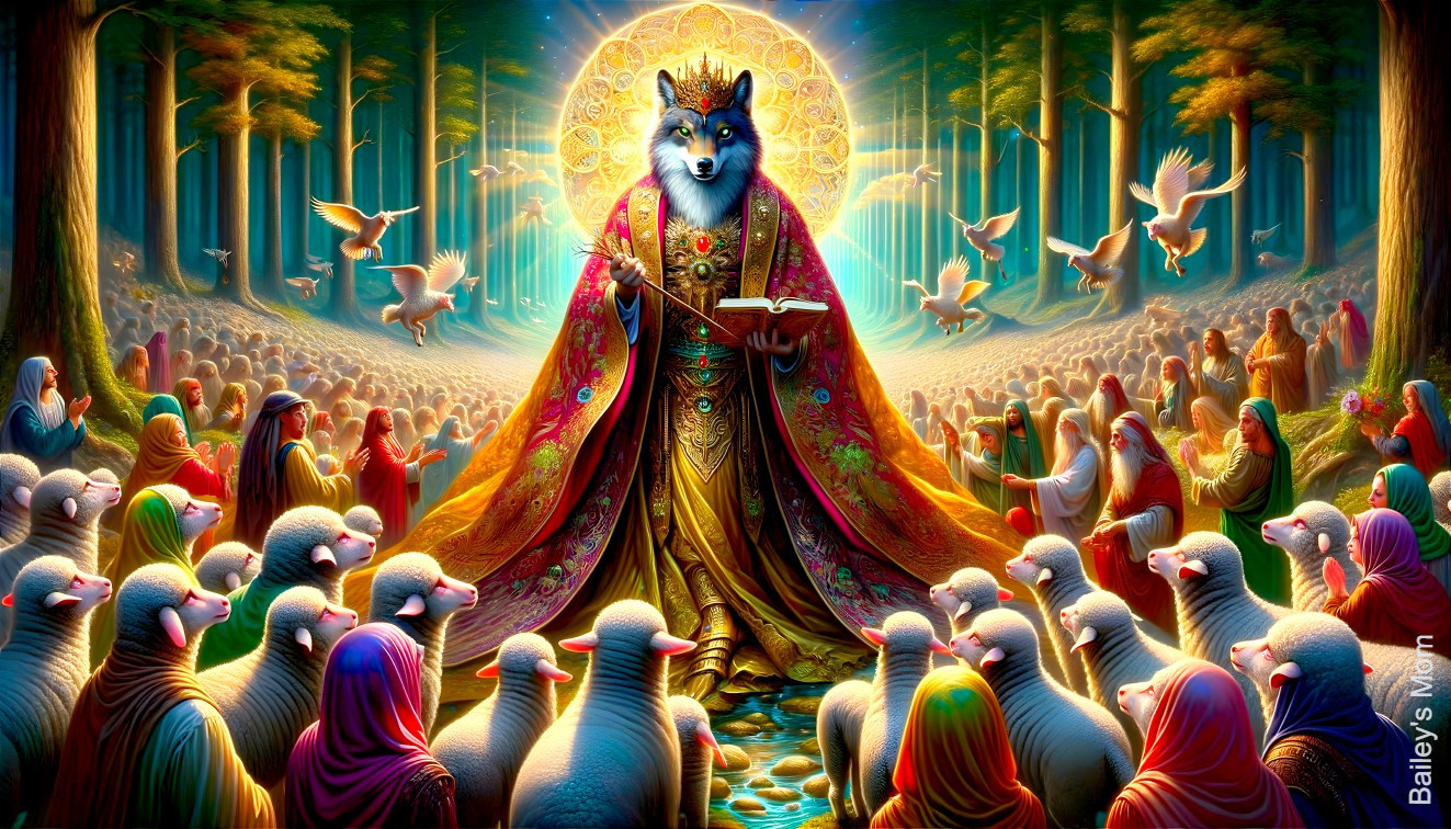 Wolf in Royal Robes Surrounded by Worshippers in Forest