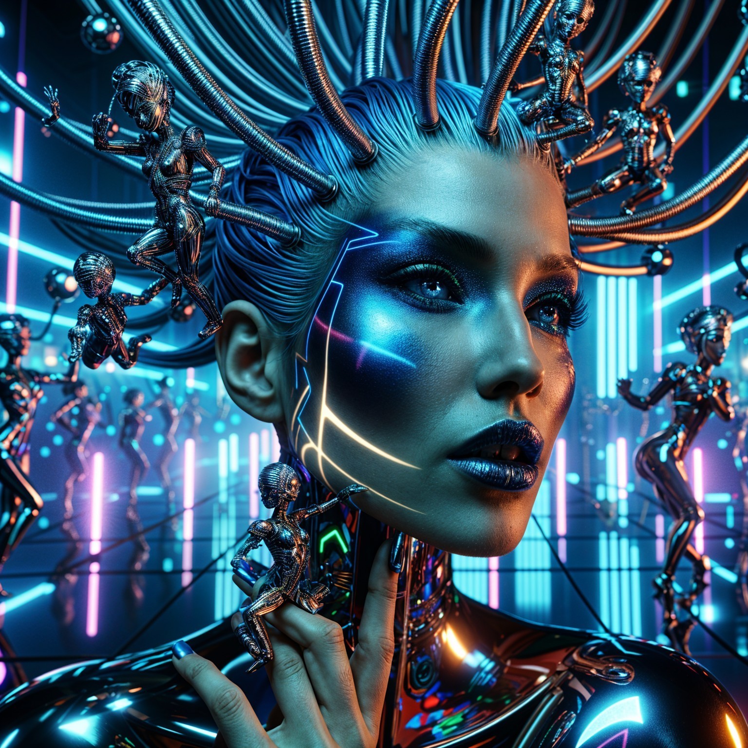 Futuristic Cybernetic Figure with Neon Atmosphere