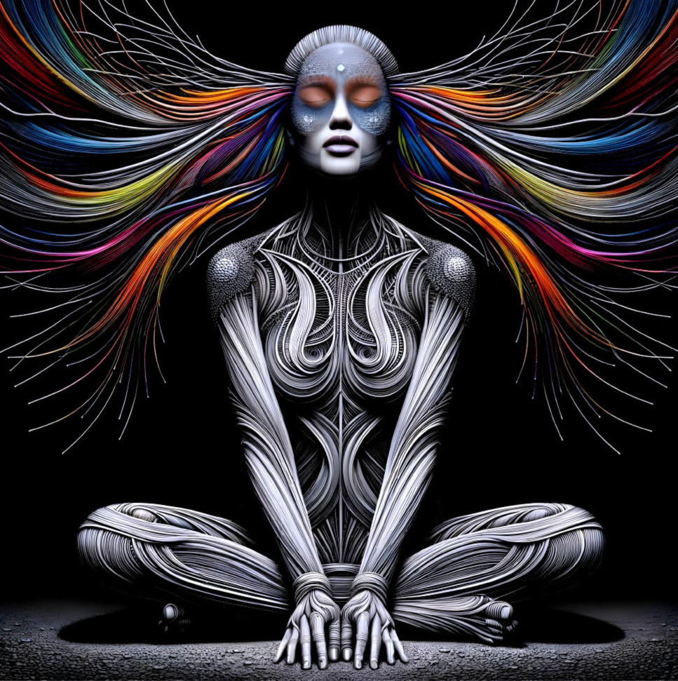 Surreal Figure in Meditative Pose with Vibrant Hair