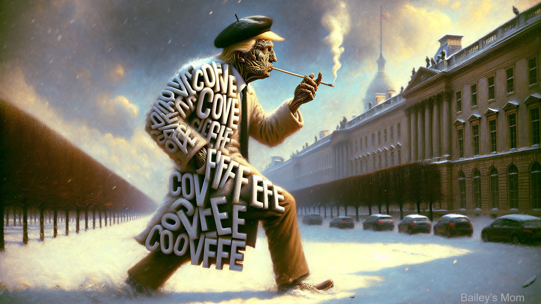 Surreal Figure in Snowy Cityscape with Floating Letters
