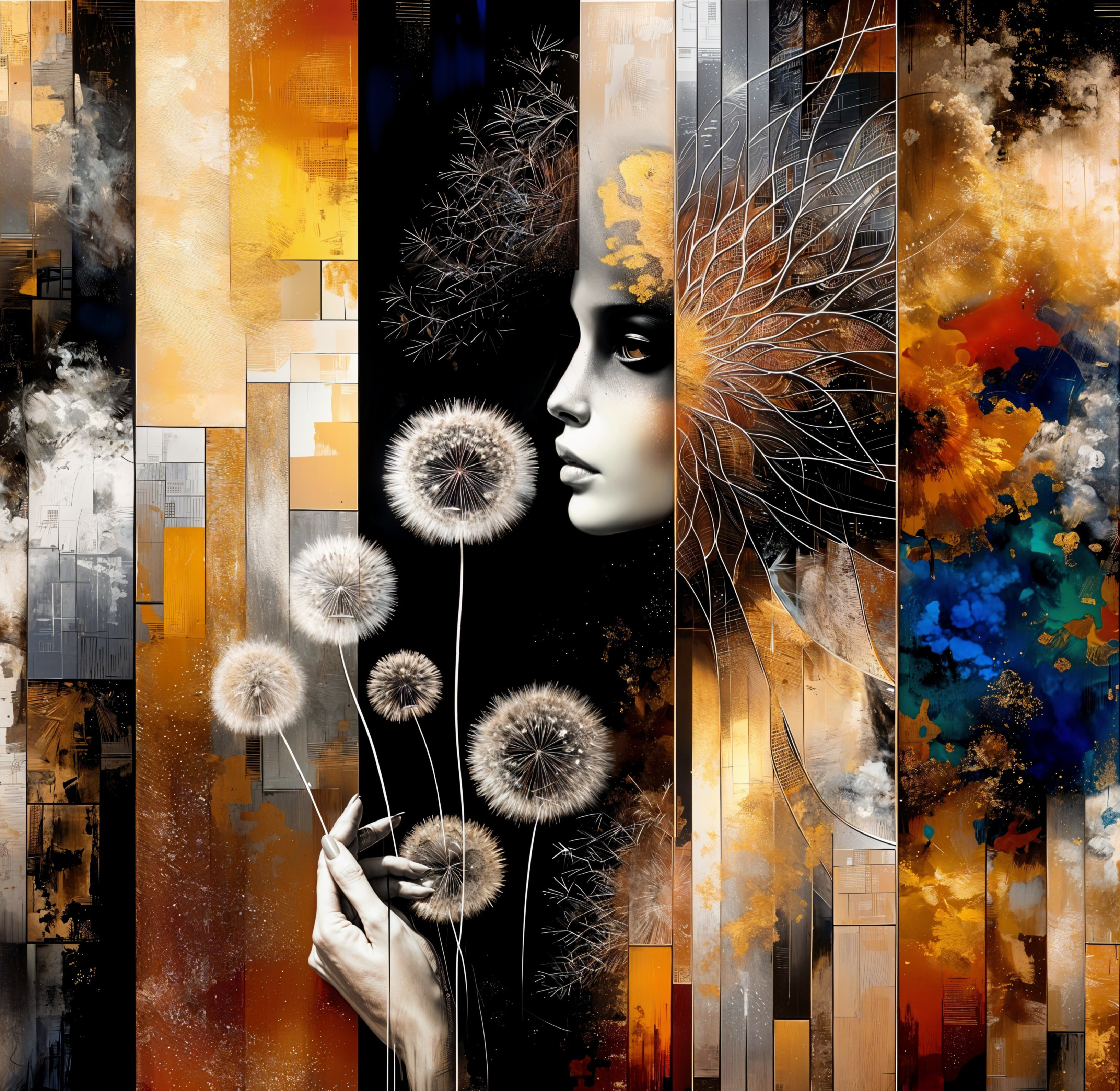 Abstract Composition with Human Profile and Dandelions