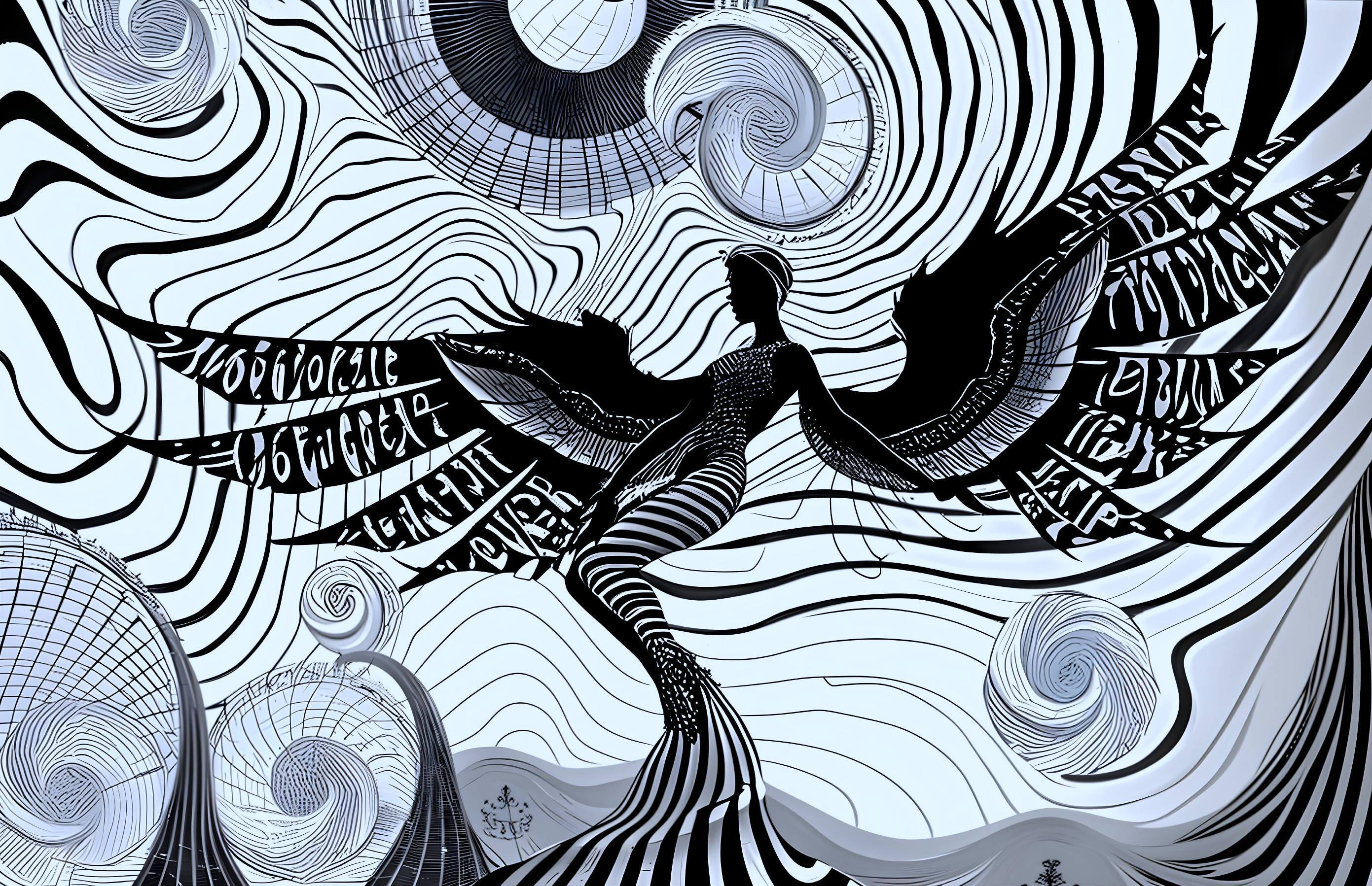 Black and white illustration of a winged figure