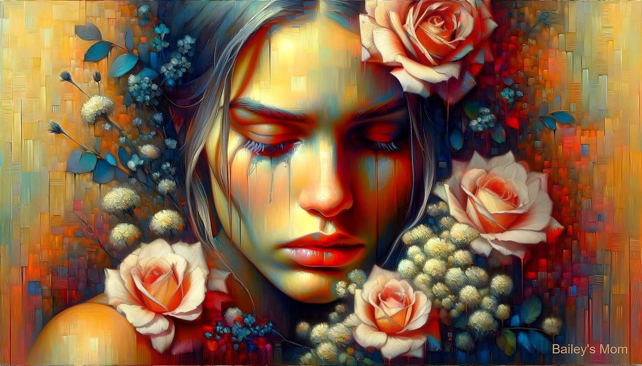 Close-Up Portrait of a Woman with Flowers and Tears