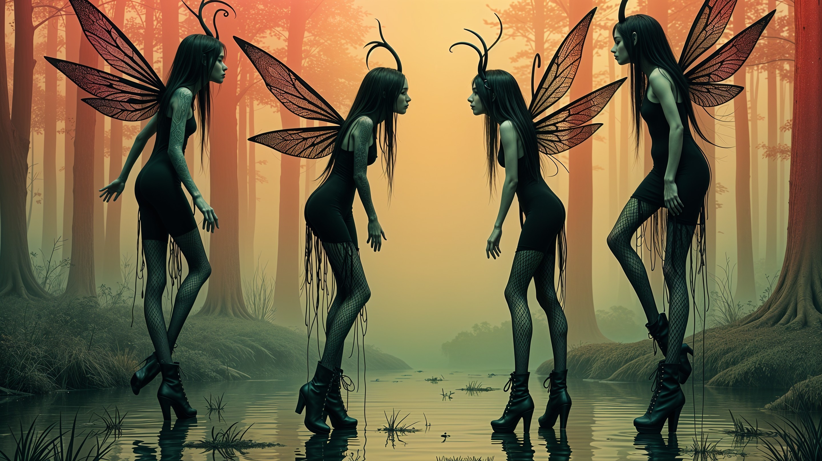 Enchanting Figures in Mystical Forest at Dusk