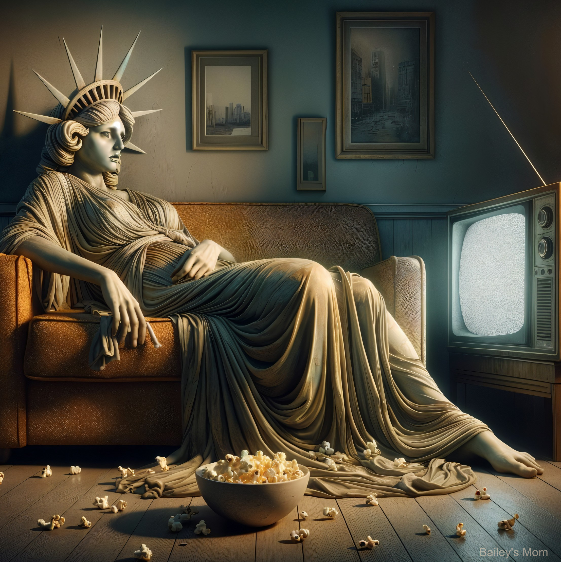 Modern Statue of Liberty Relaxing in a Living Room