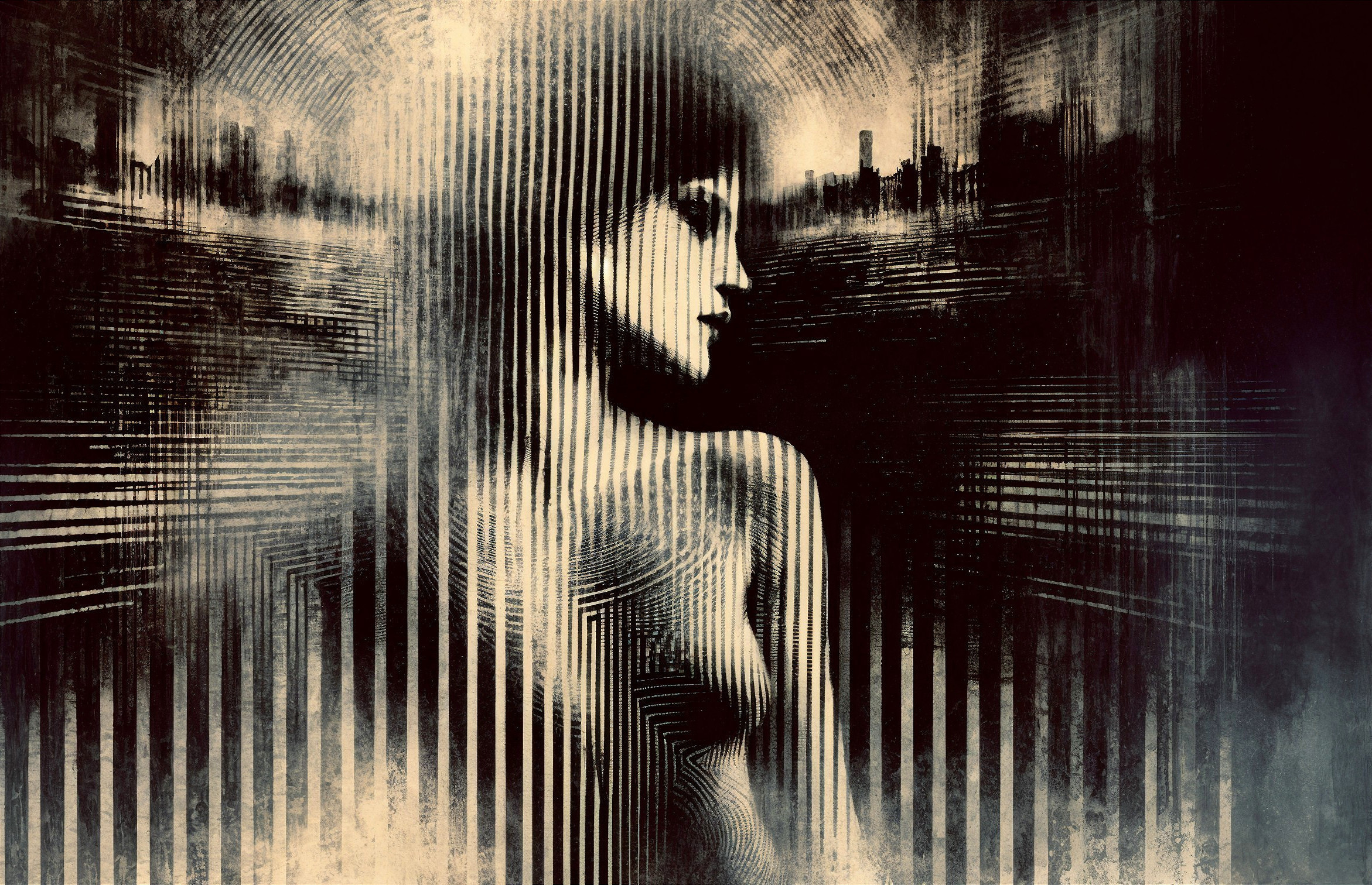 Surreal Abstract Profile of a Woman with Cityscape