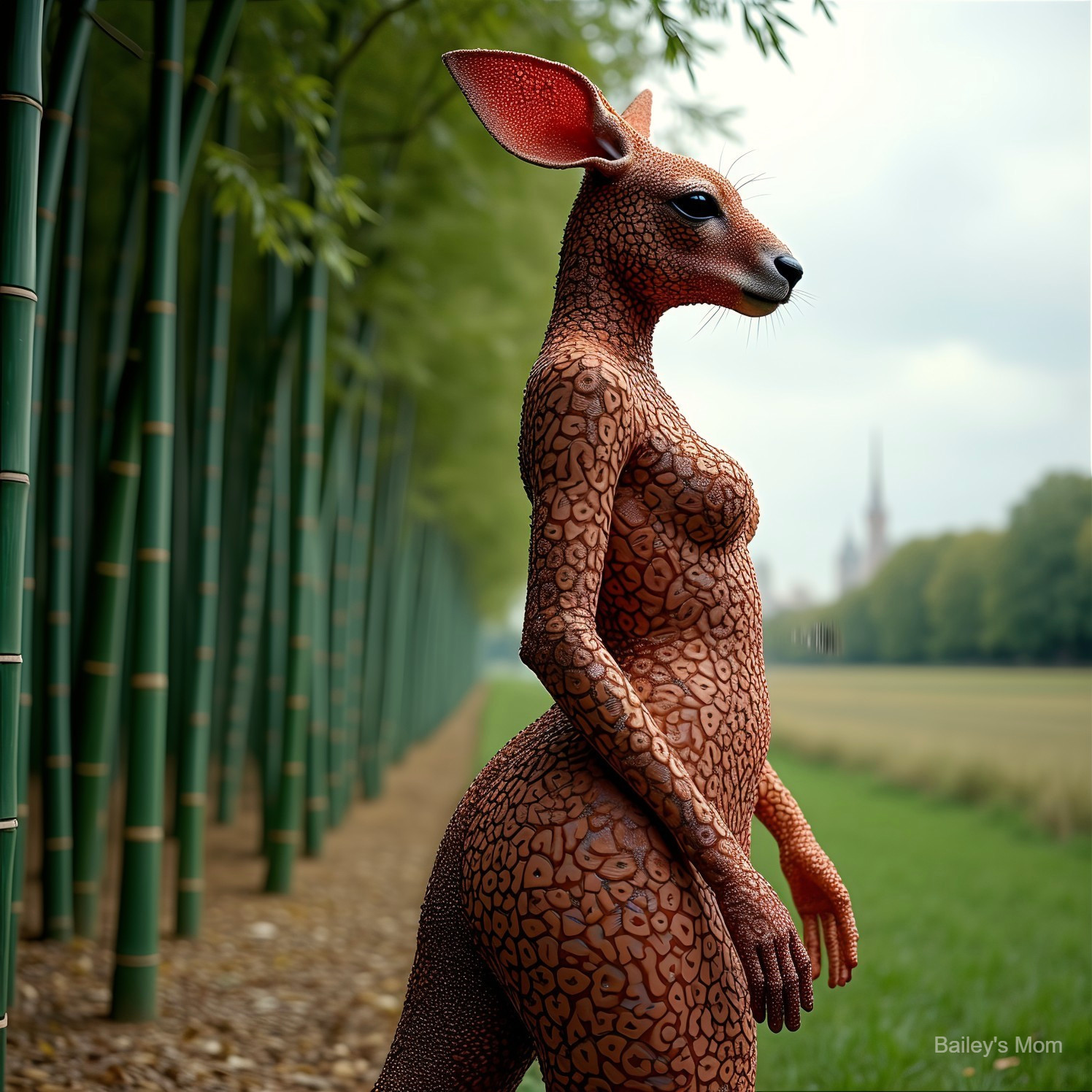 Humanoid Kangaroo Figure in Serene Bamboo Landscape