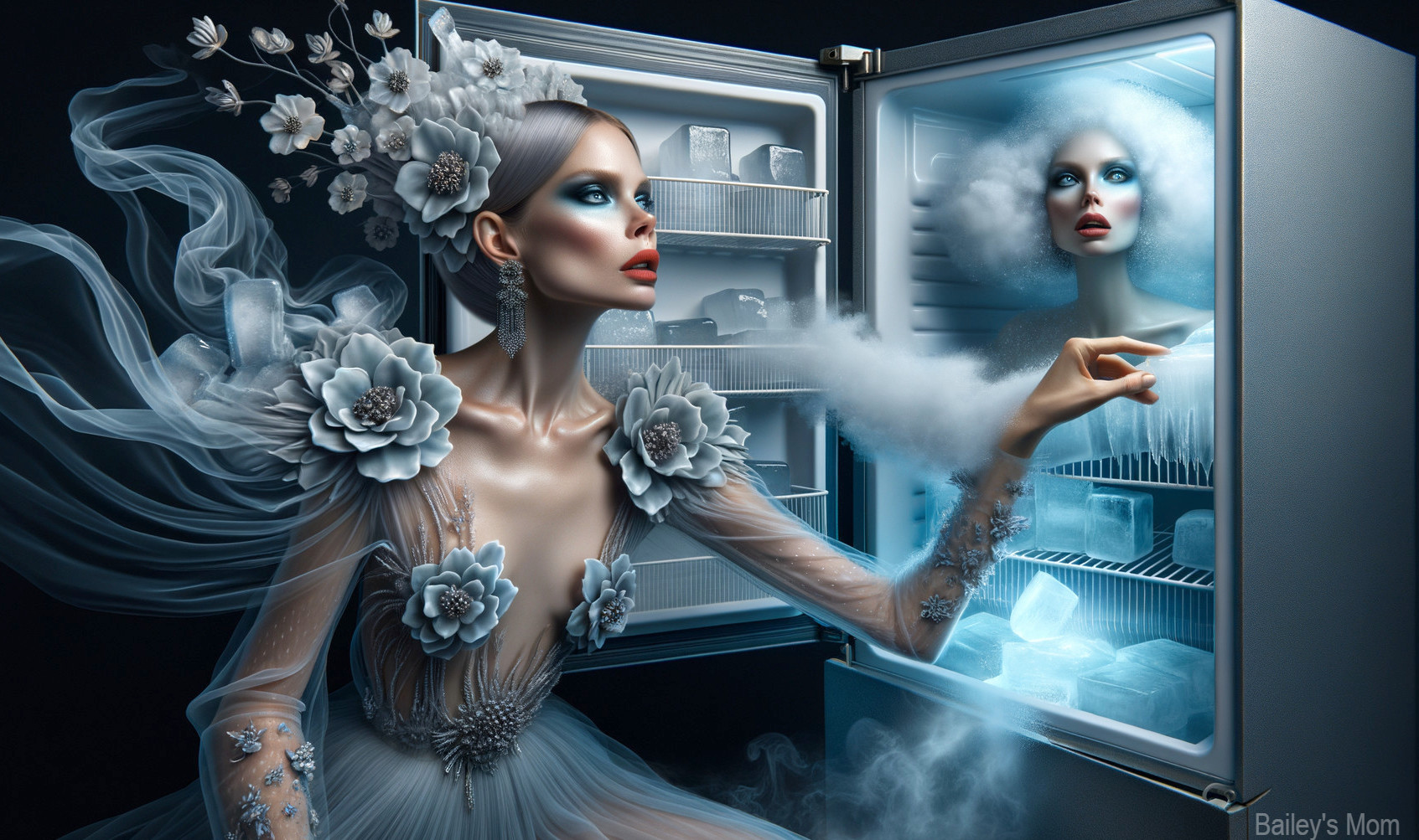 Ethereal Model in Floral Gown by Open Refrigerator