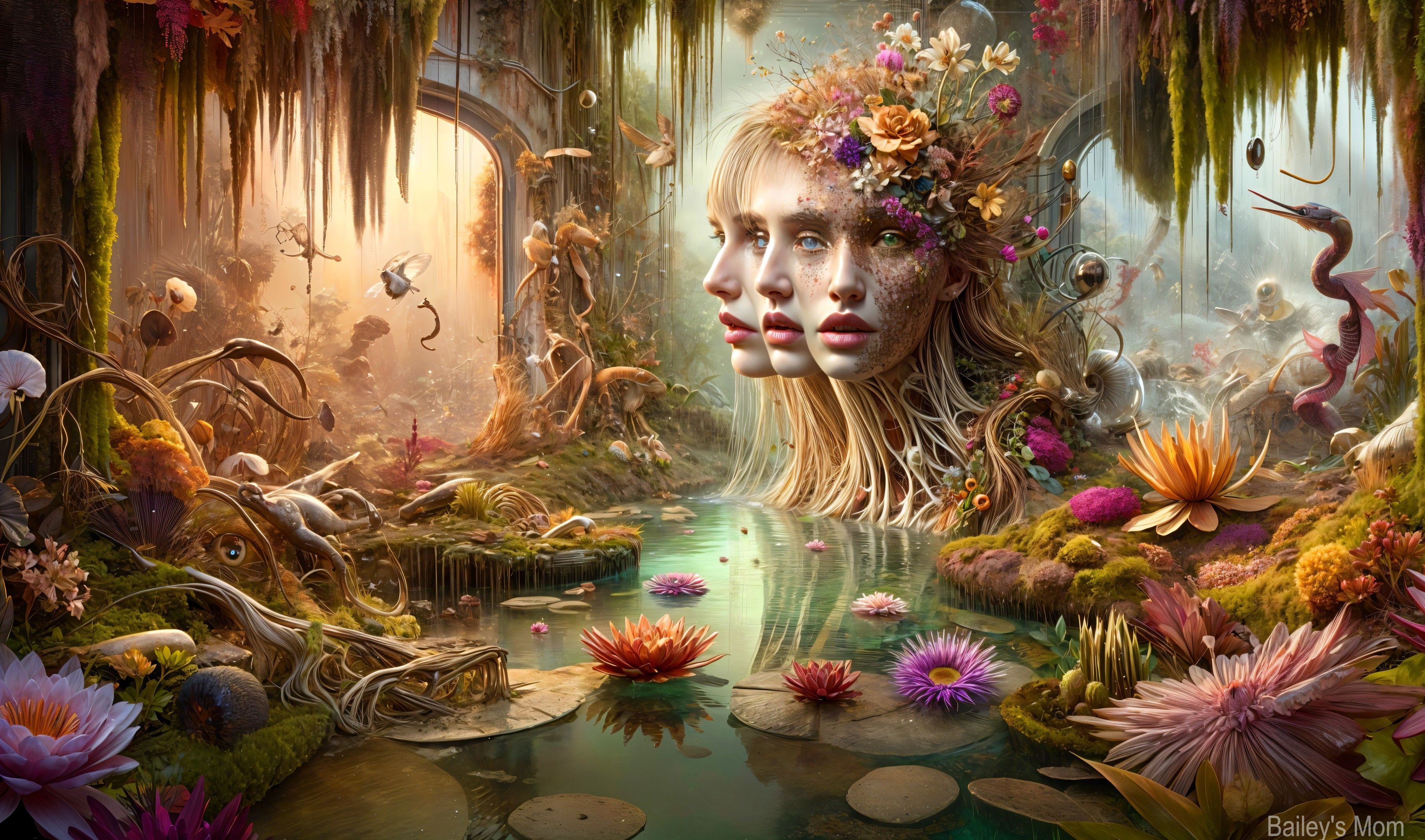 Surreal Scene of Ethereal Female Faces in Nature