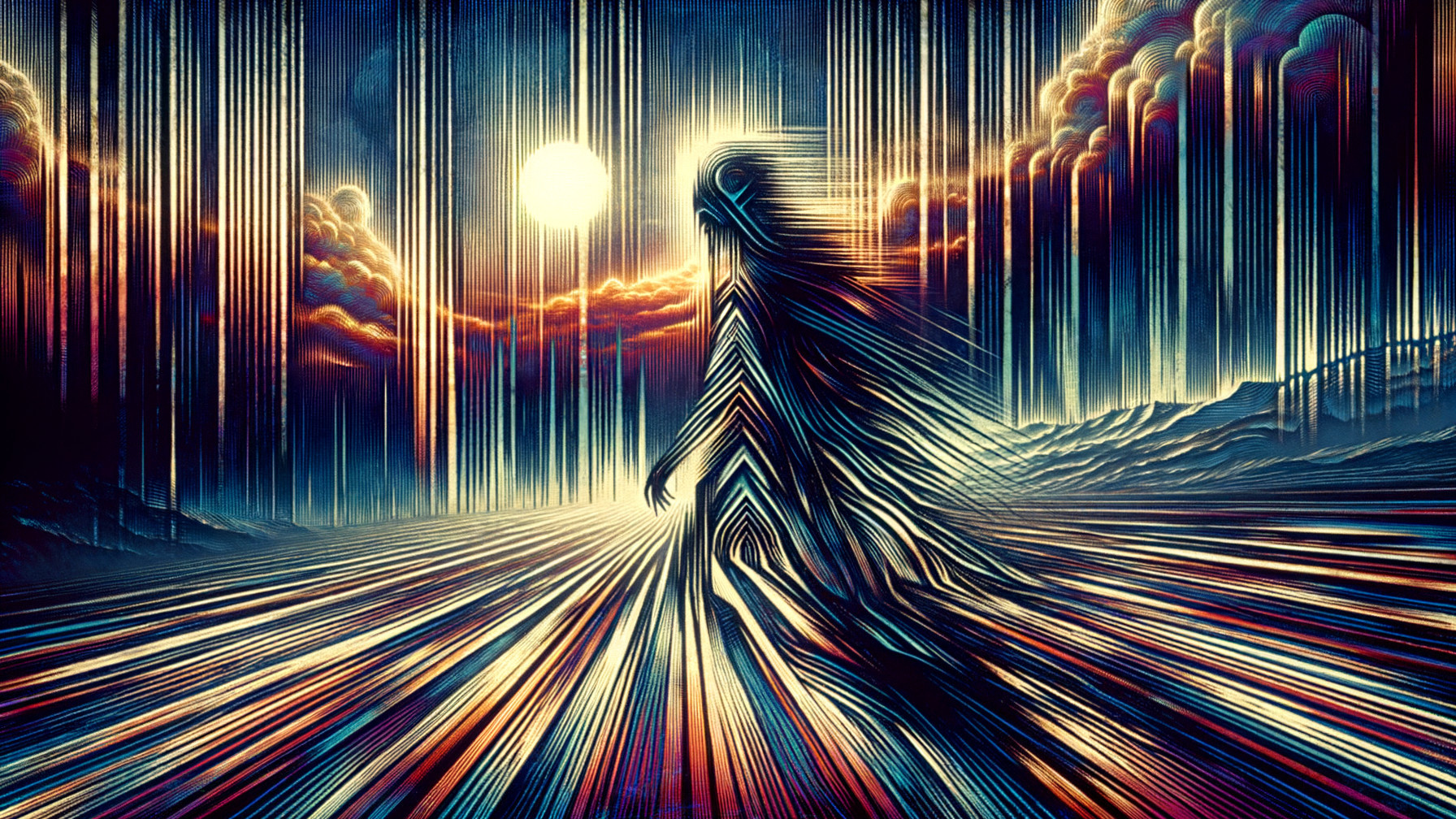 Silhouette in a Surreal Colorful Landscape Scene
