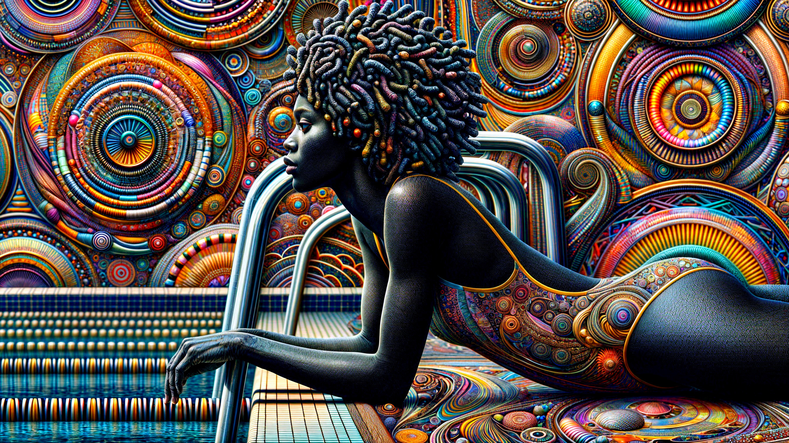 Serene Figure by Pool with Colorful Abstract Patterns