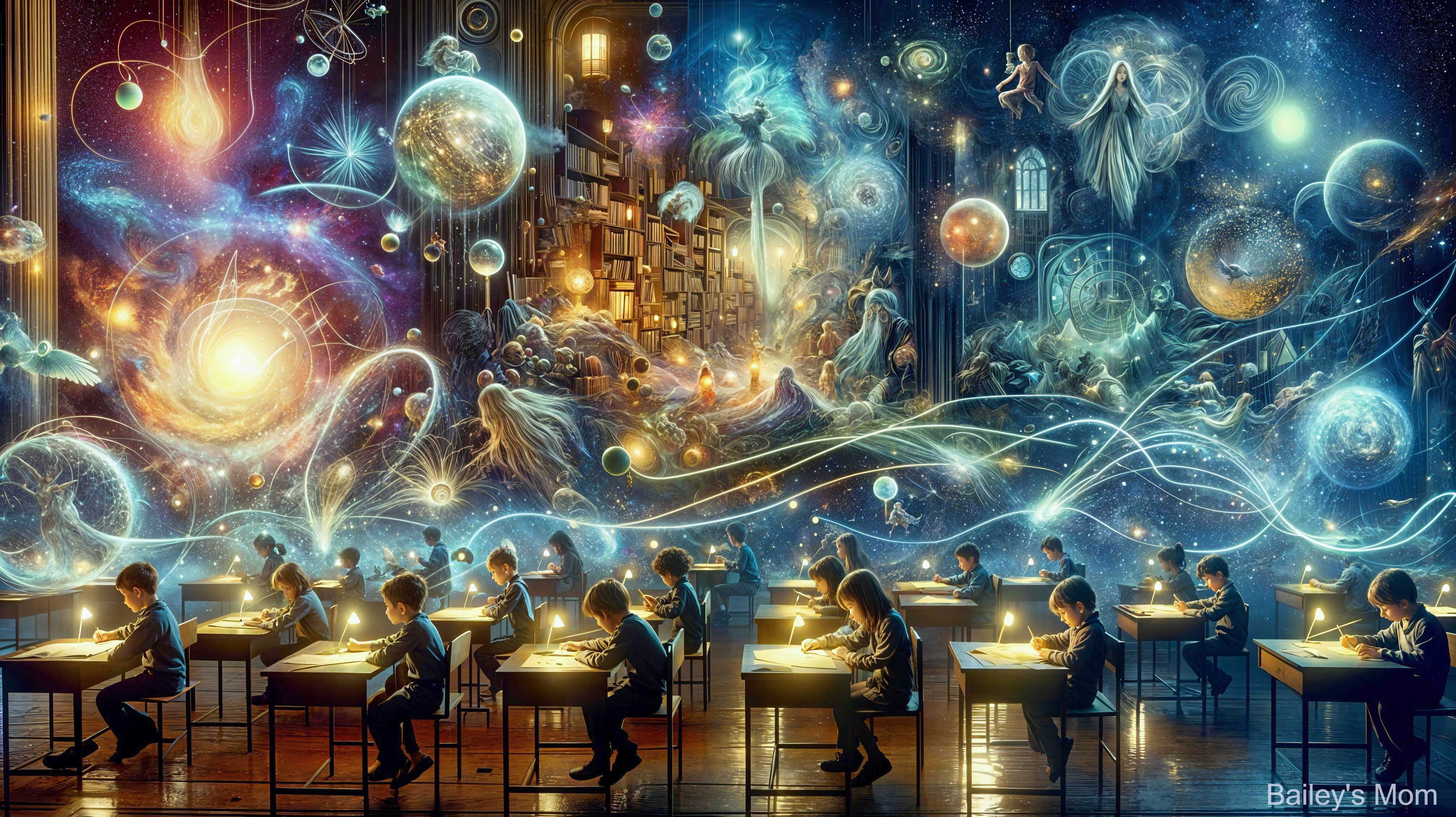 Children Studying in a Dreamlike Cosmic Library