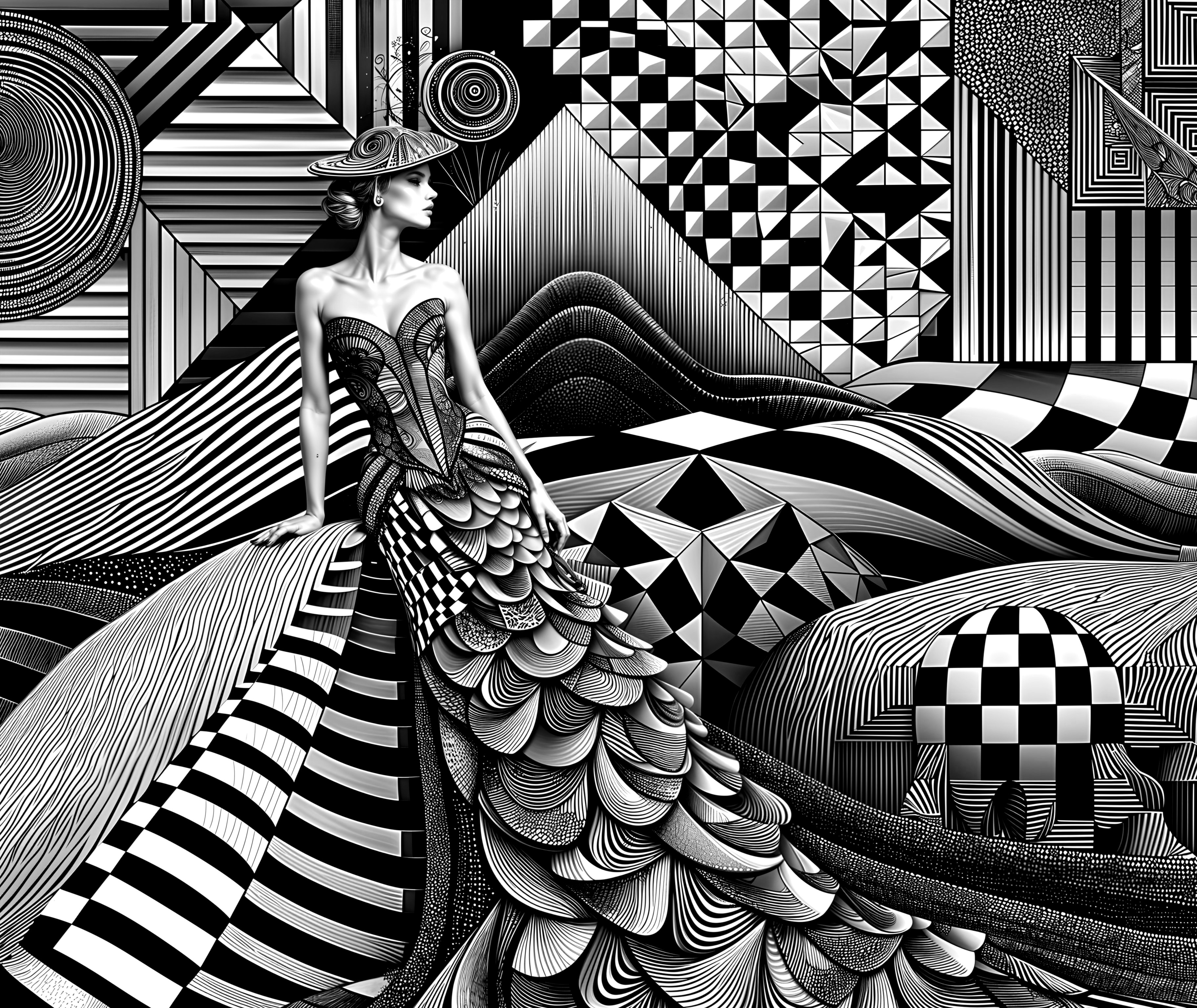 Black and White Illustration of Woman in Elegant Gown