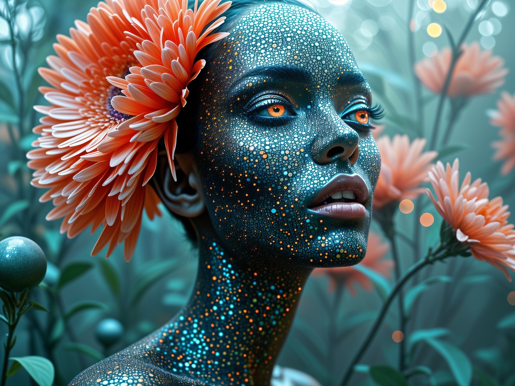 Portrait of a woman with vibrant floral and dot patterns