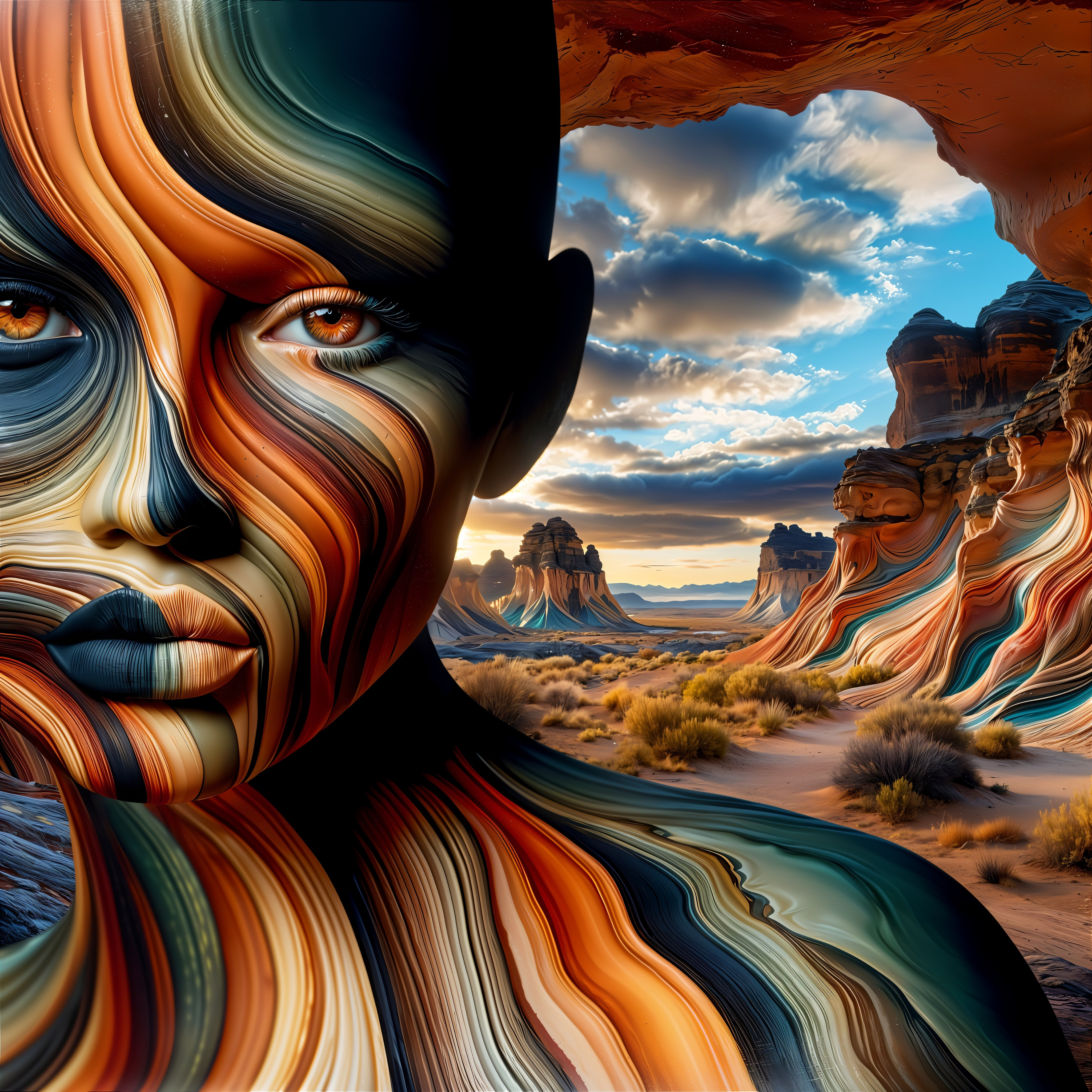 Surreal Landscape with Stylized Human Face and Colors