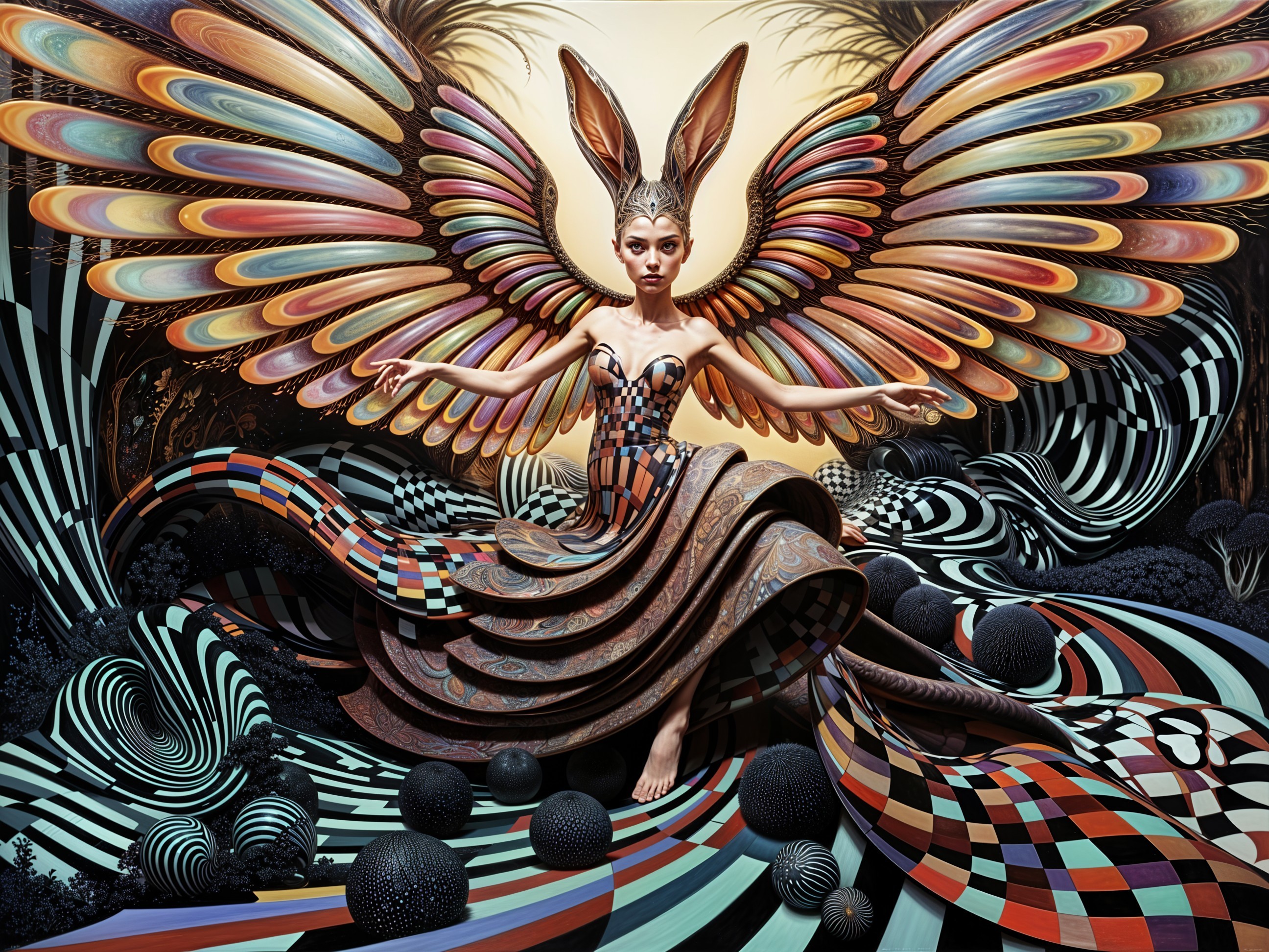 Fantastical figure with colorful wings in surreal landscape