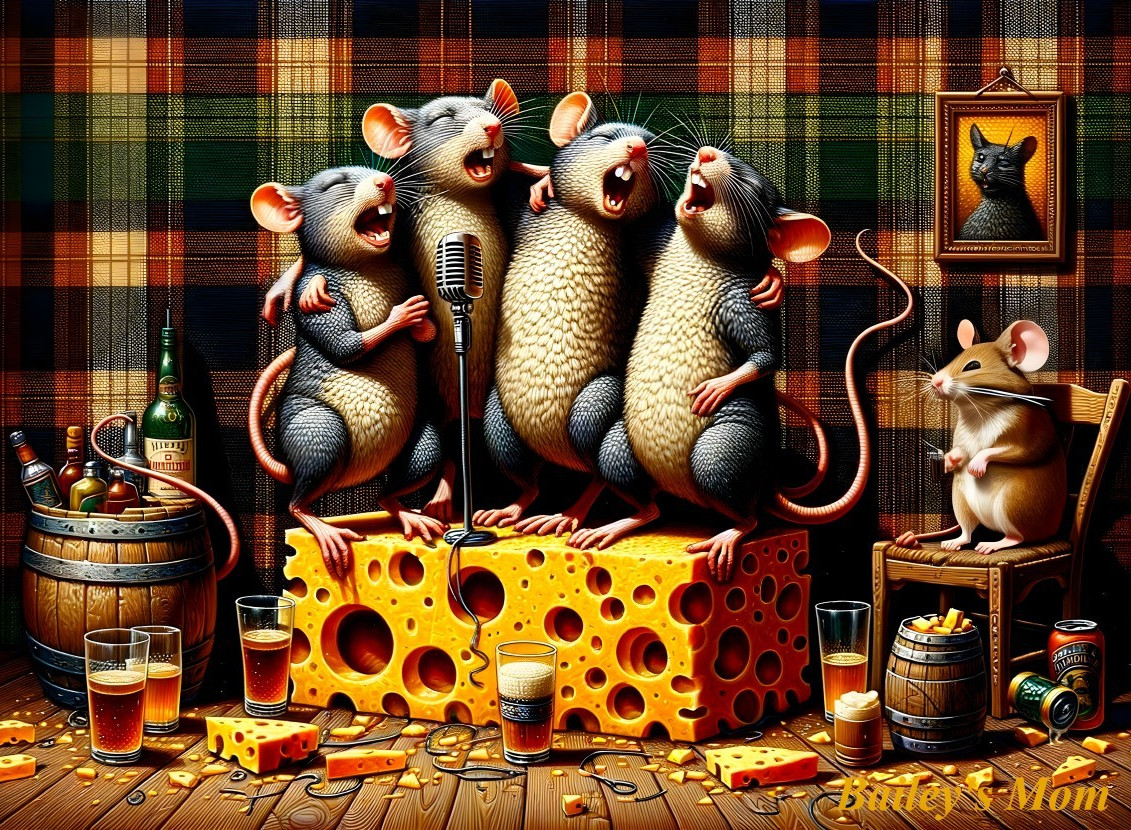 Singing Mice on Cheese Block in Cozy Setting