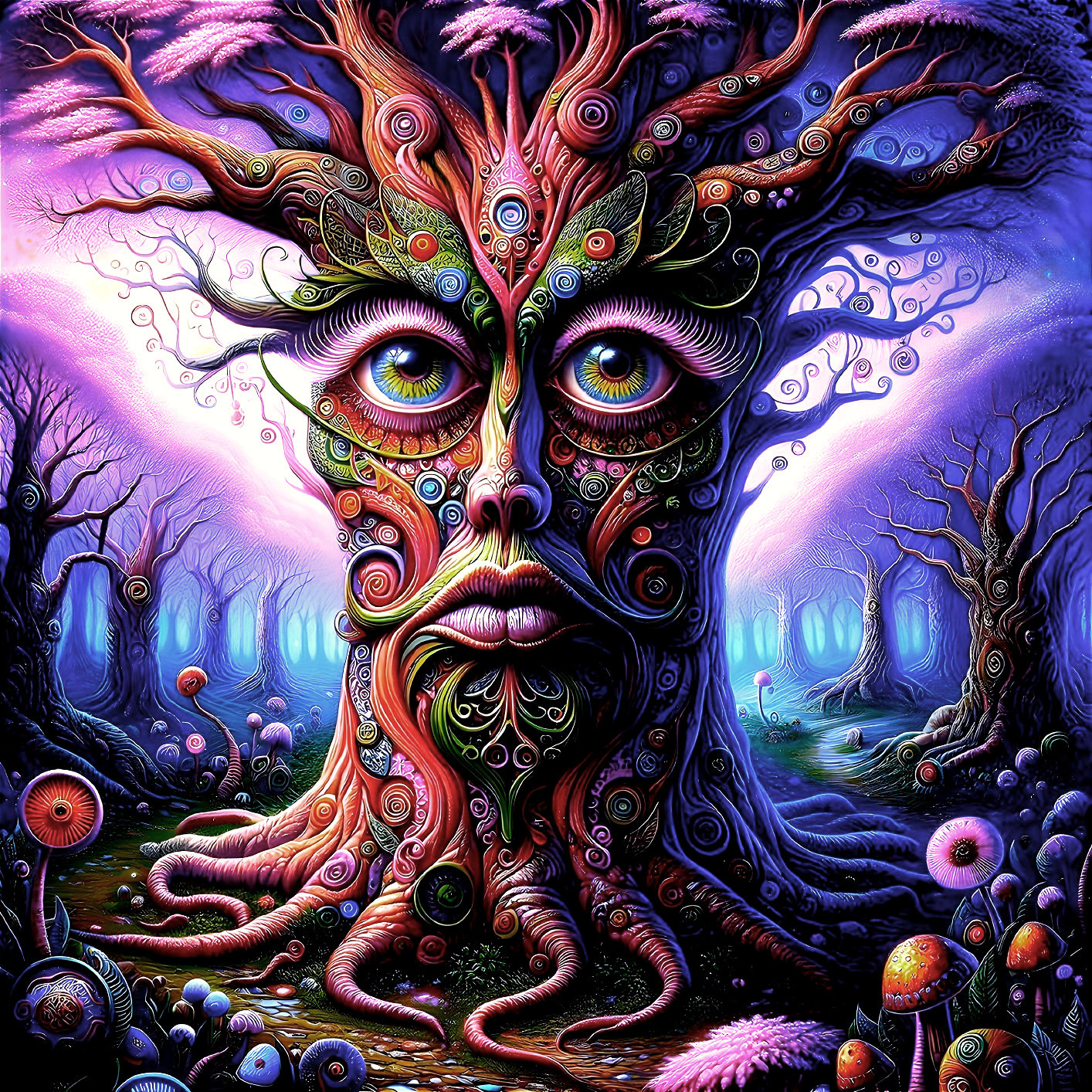 Surreal Tree with Human Face in Mystical Forest Scene