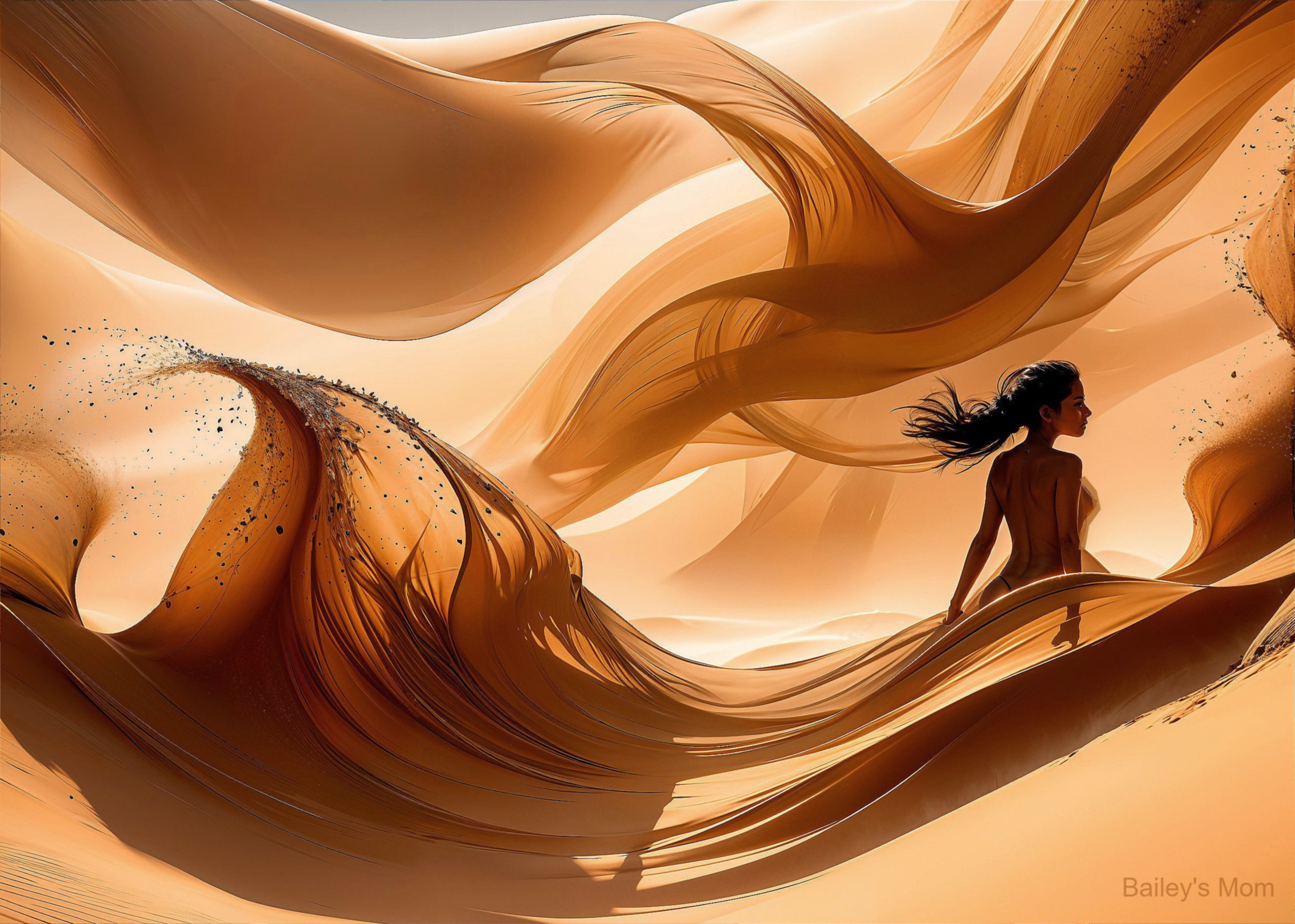 Graceful Figure in Sunlit Desert with Flowing Sands