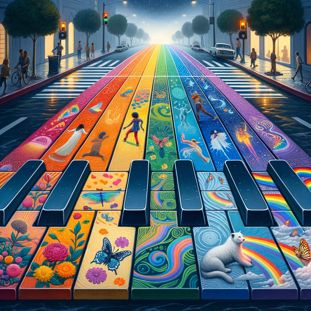 Colorful Piano Keyboard Streetscape with Nature Designs