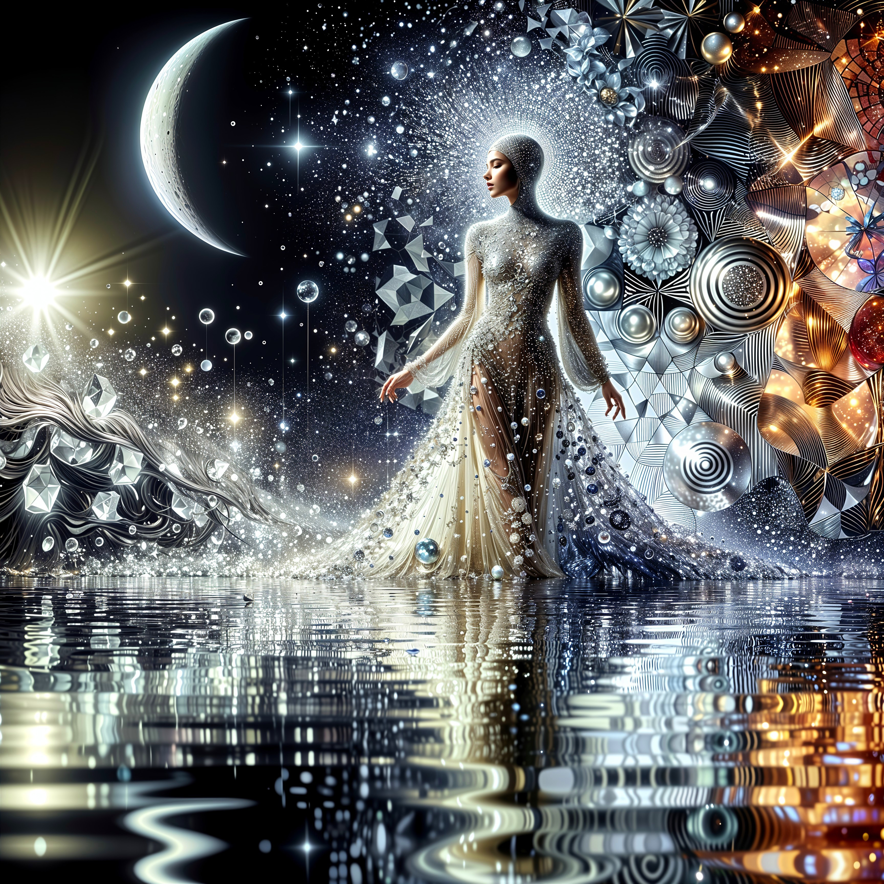 Woman in Shimmering Dress by Serene Water Surface
