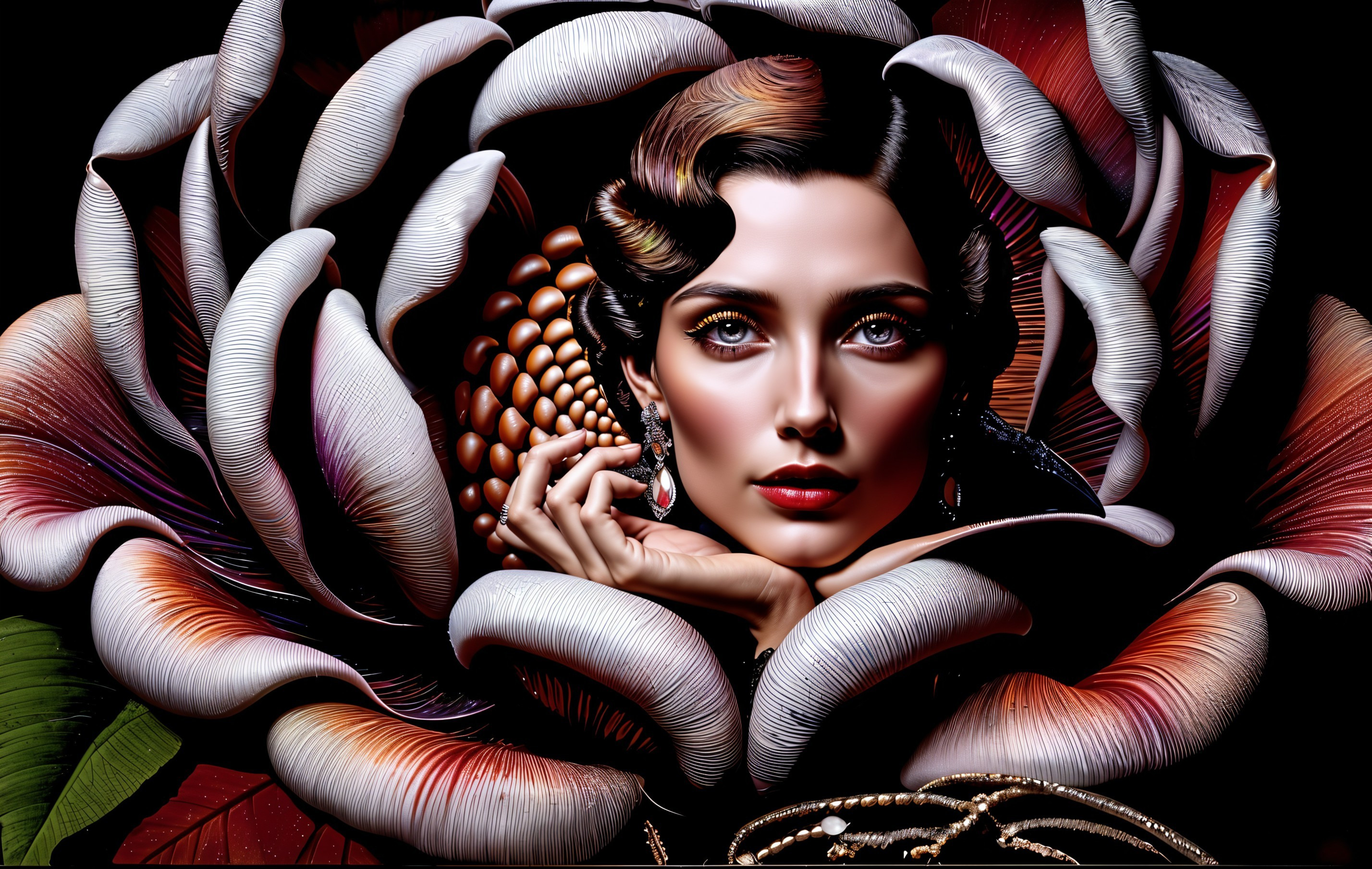 Portrait of a Woman Amidst Oversized Floral Petals