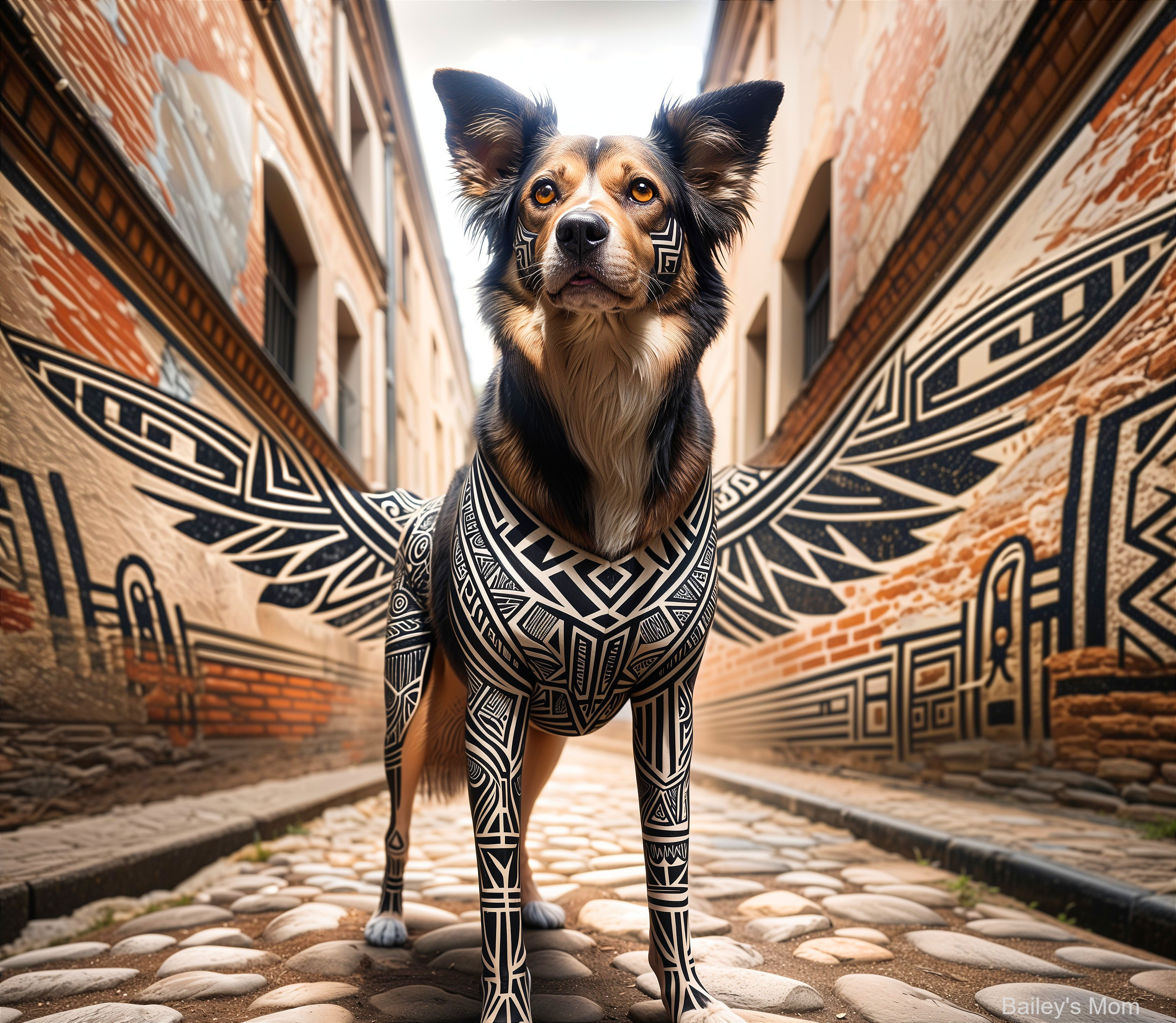 Dog with Tribal Patterns in Artistic Alleyway