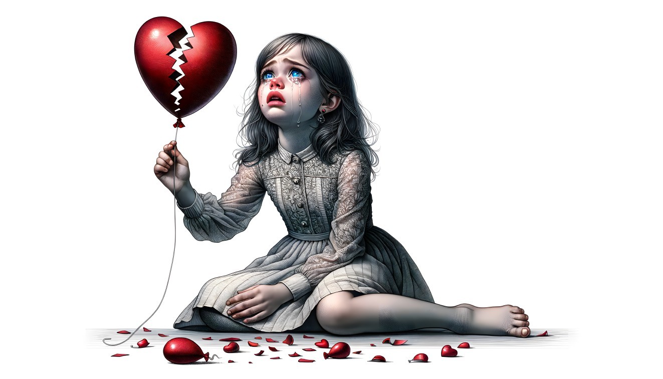 Young girl with broken heart-shaped balloon and tears