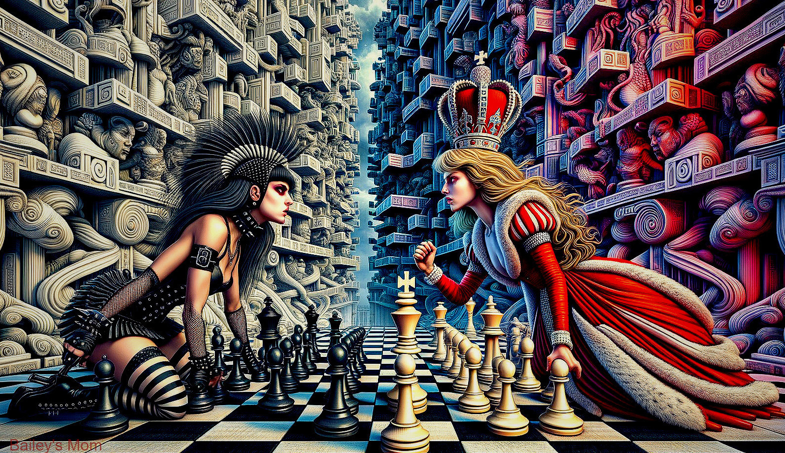 Surreal Chess Match with Queen and Warrior Opponent