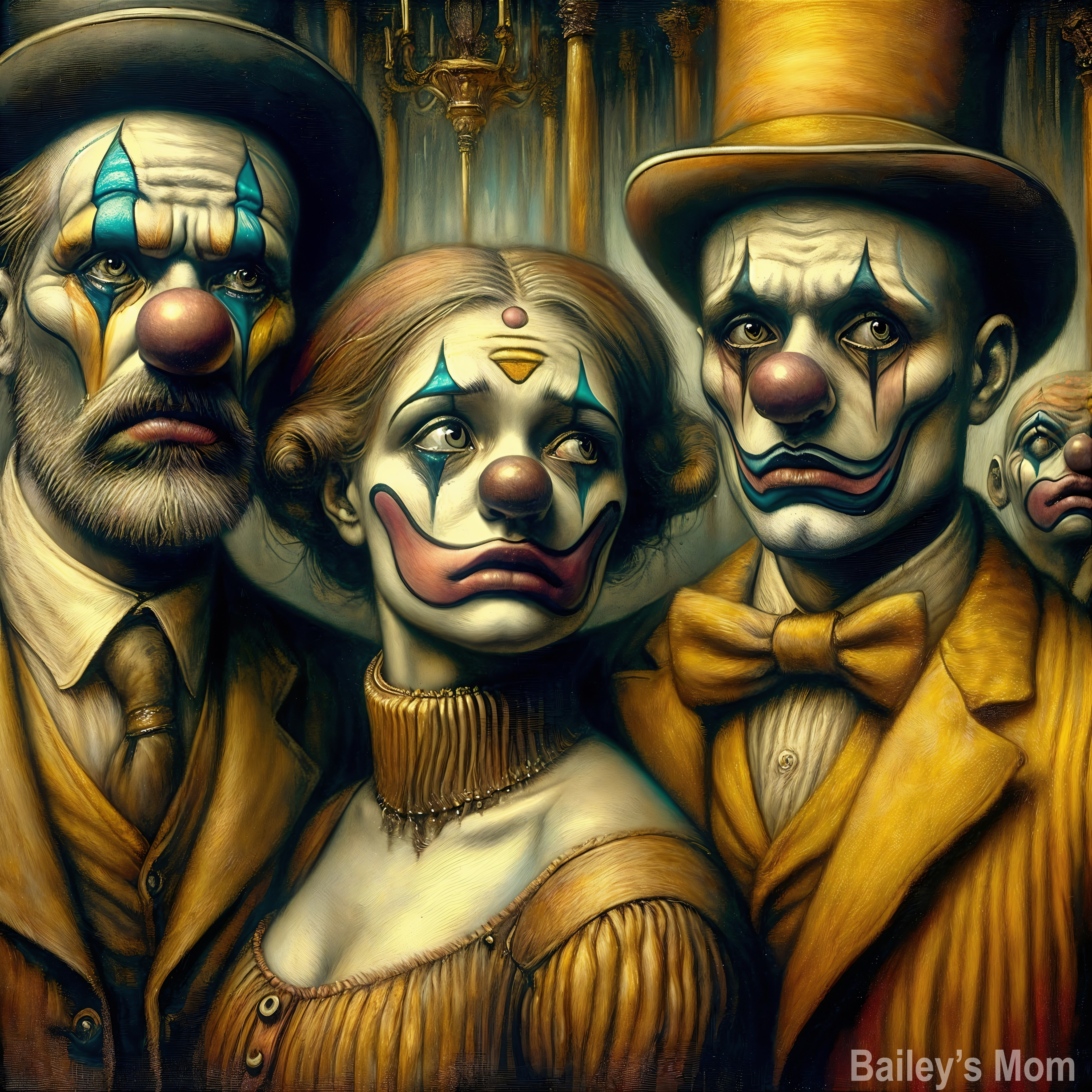 Haunting Portrait of Three Clowns in Eerie Atmosphere