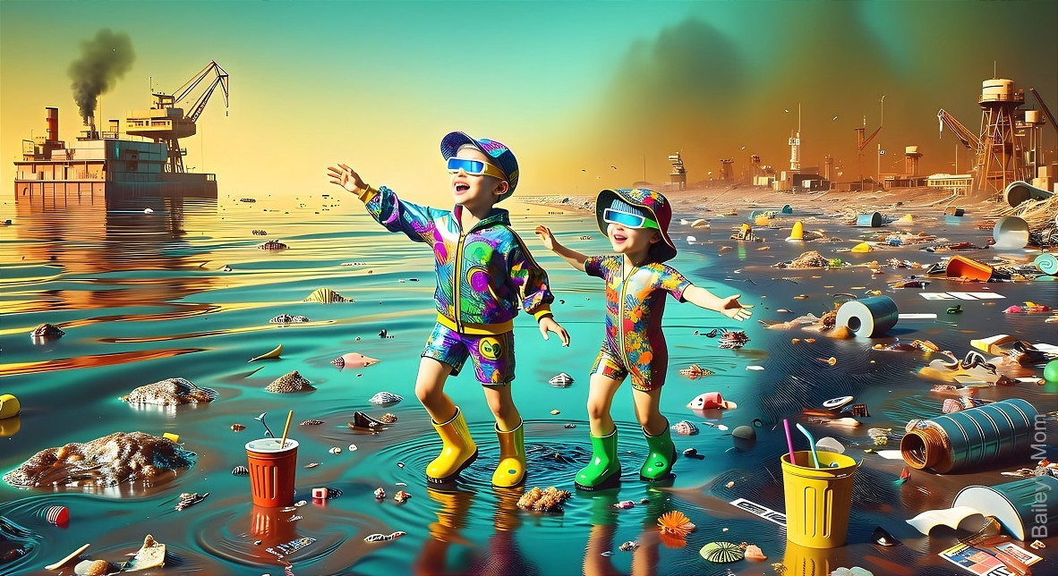 Children Playing in Polluted Bay with Industrial Background
