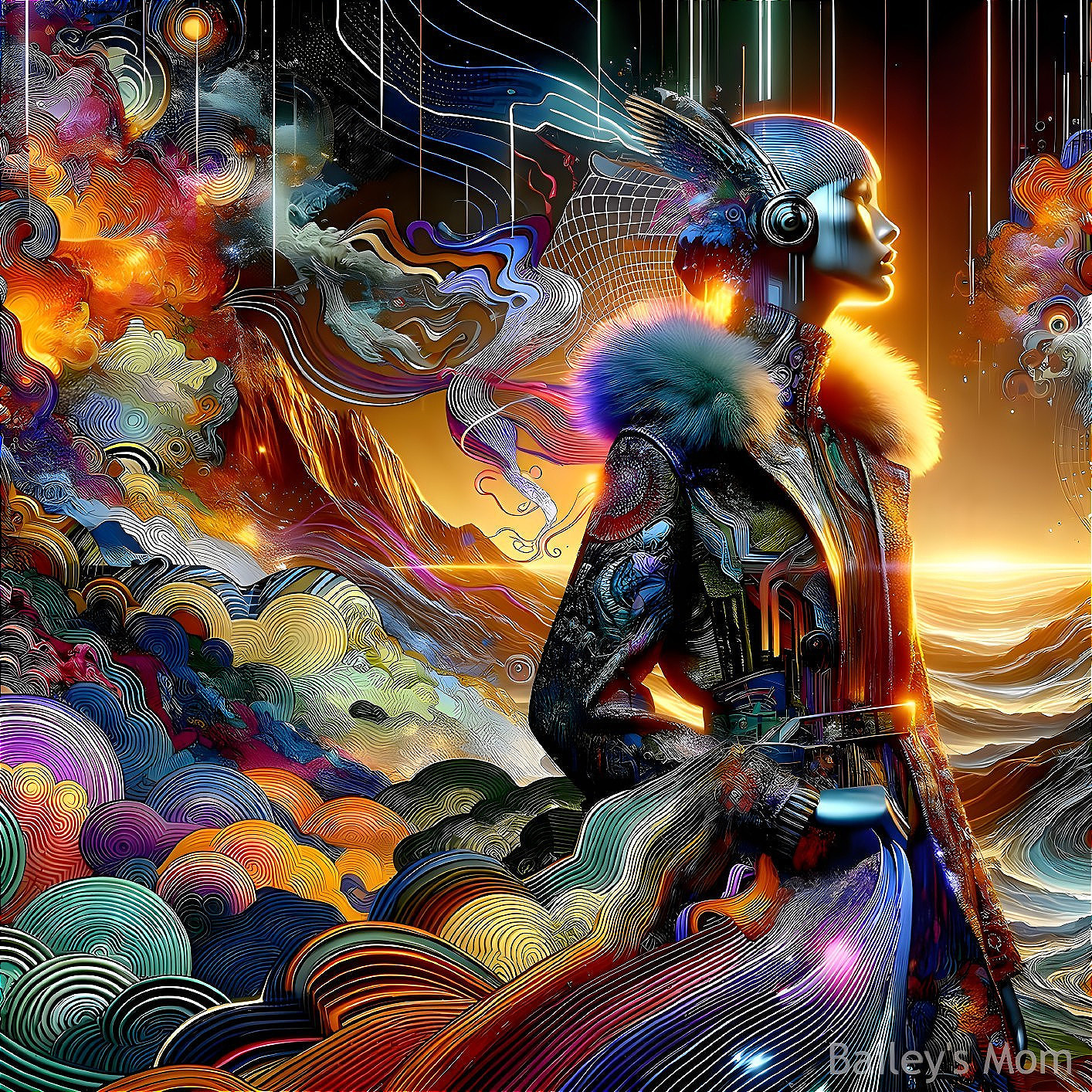 Futuristic figure with colorful waves and intricate armor