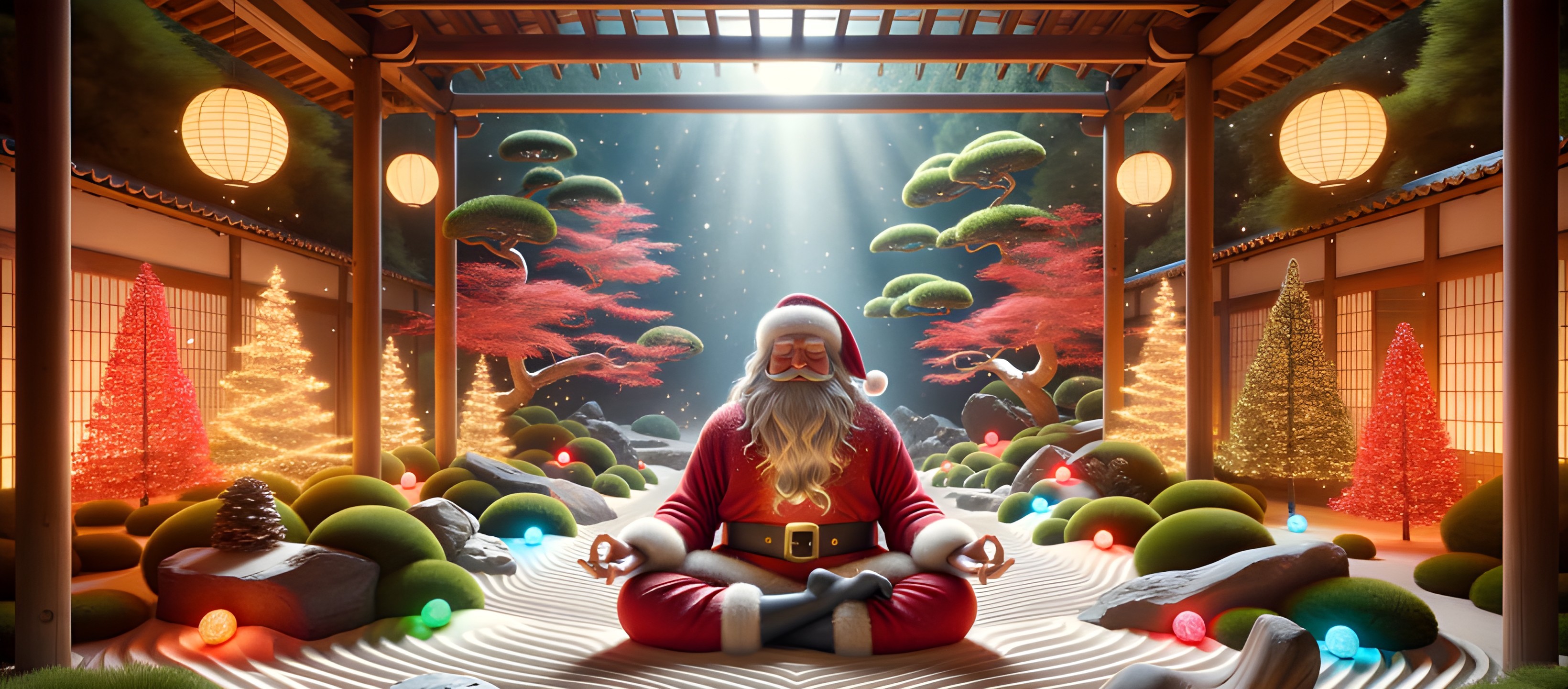 Santa Claus Meditating in a Vibrant Greenery Setting