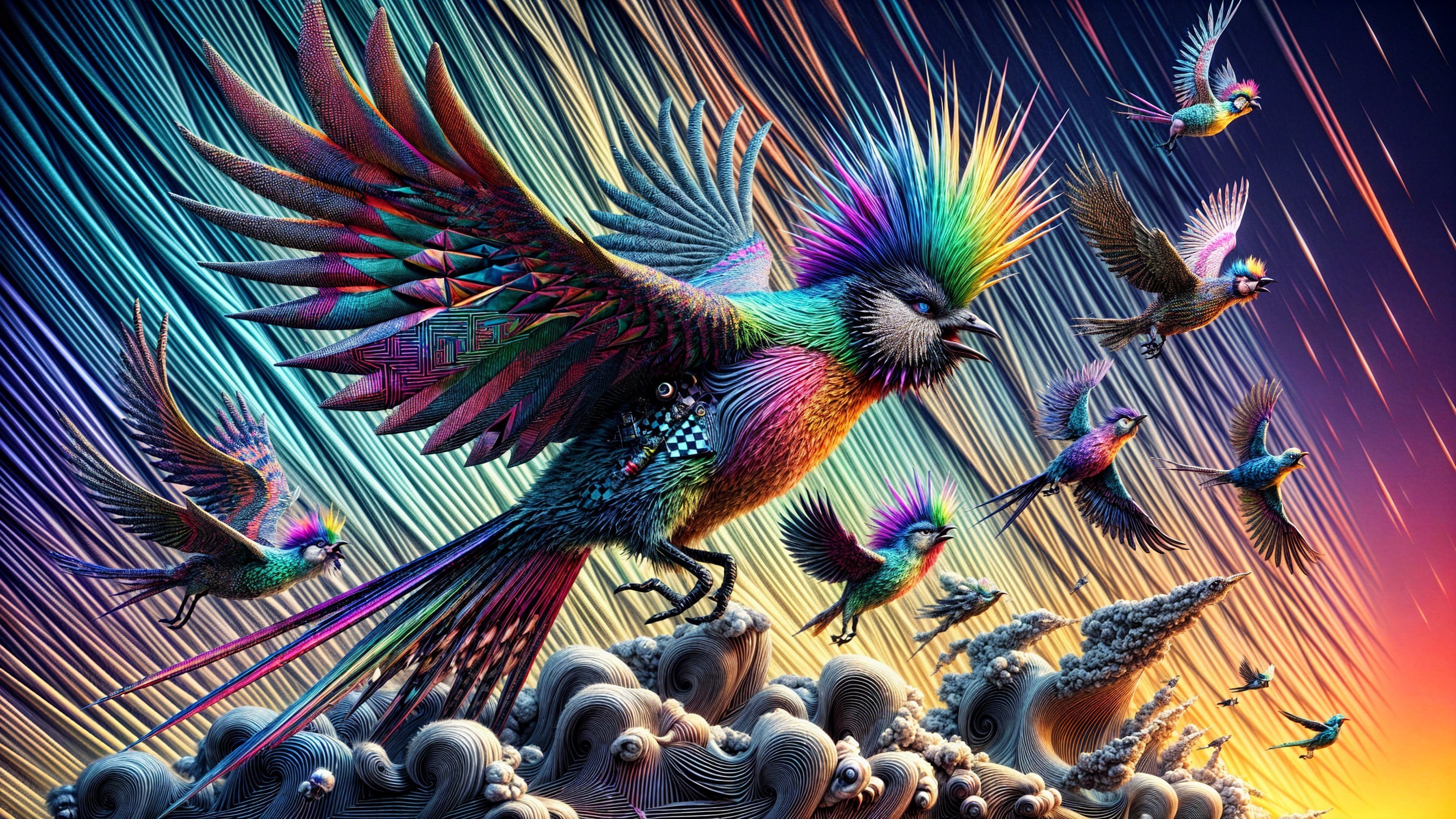 Colorful Birds Soaring Above Swirling Clouds