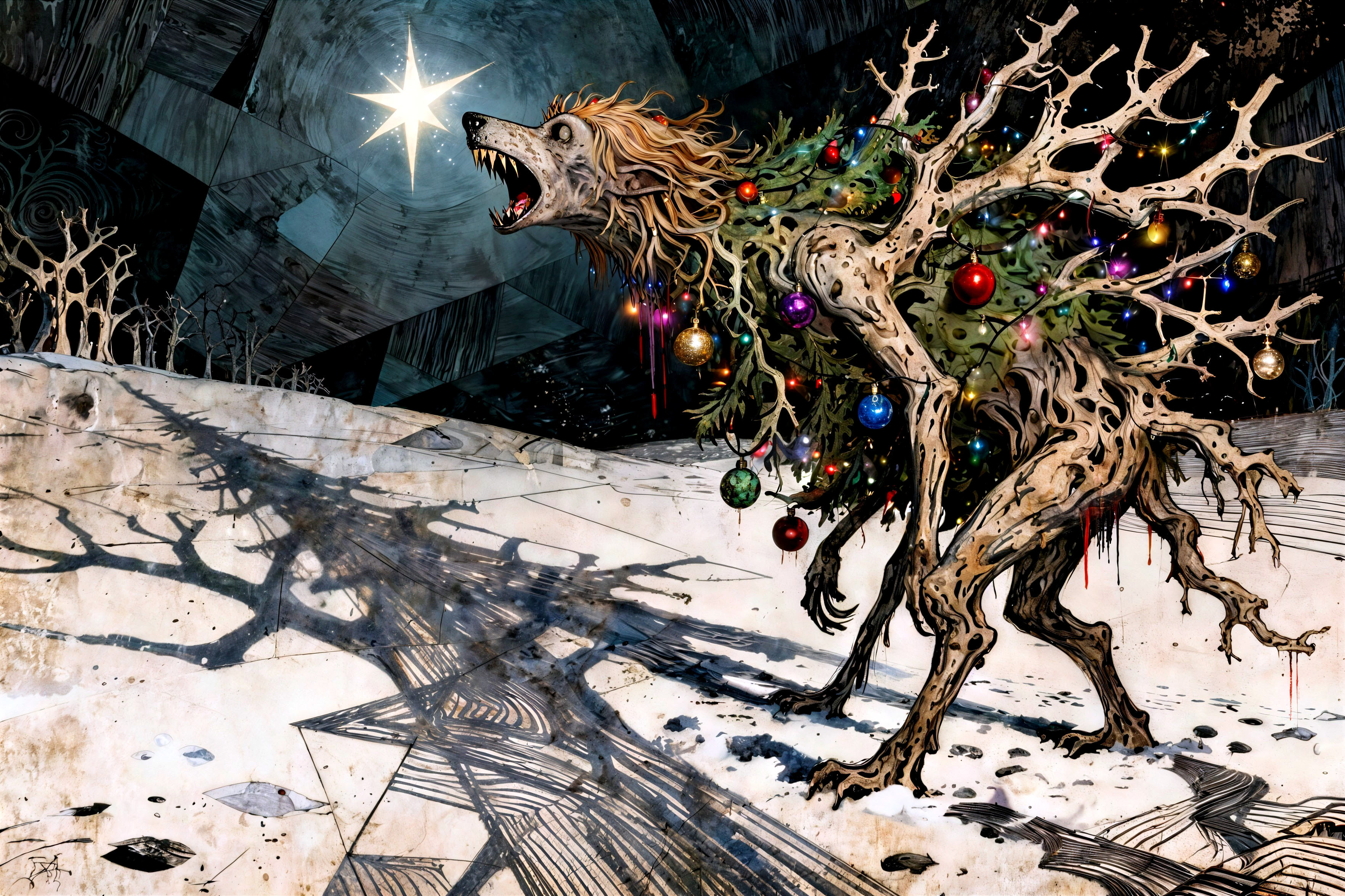 Monstrous Wolf-Tree Creature with Ornaments and Lights