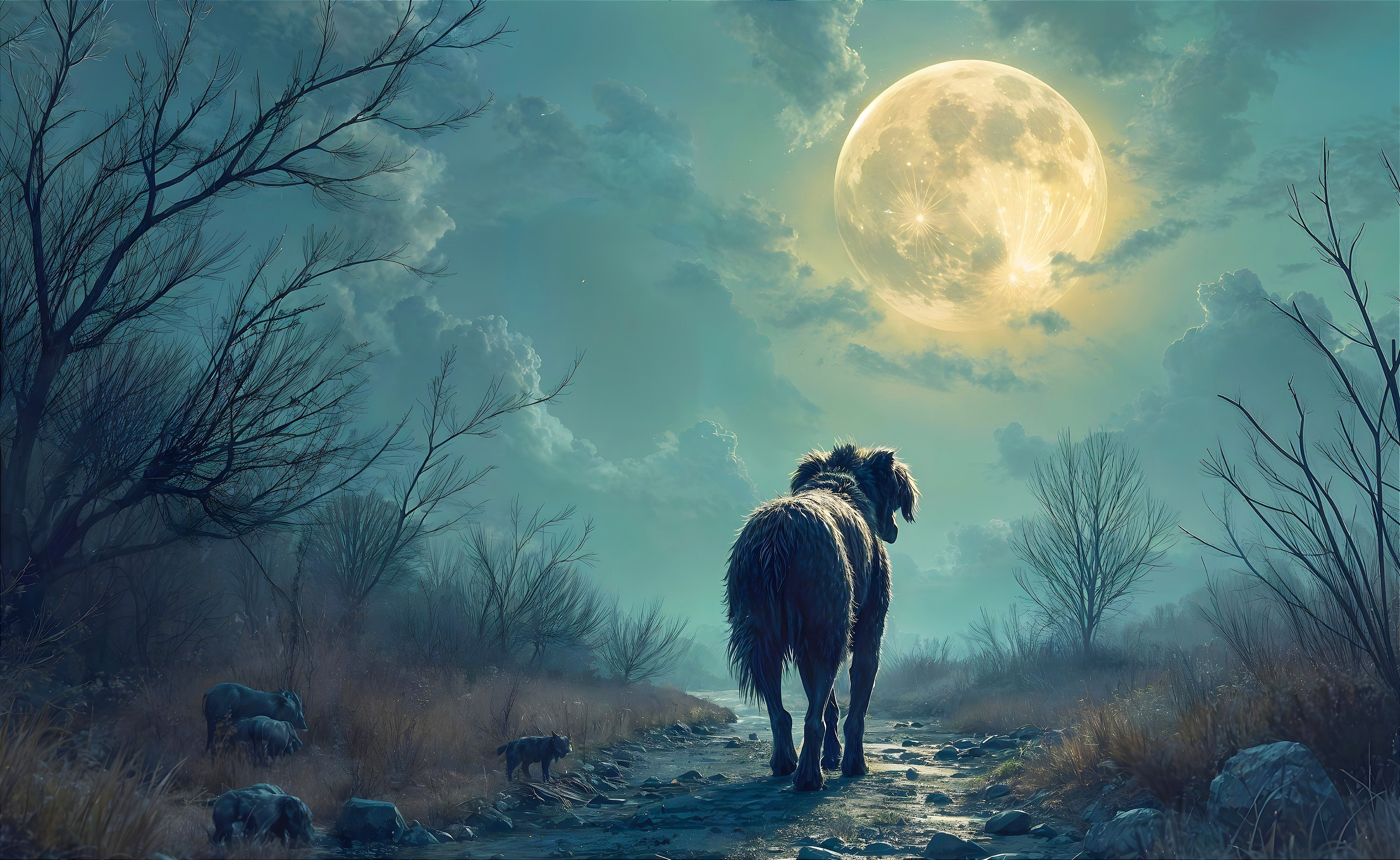 Majestic Dog on Winding Path Under Full Moonlight