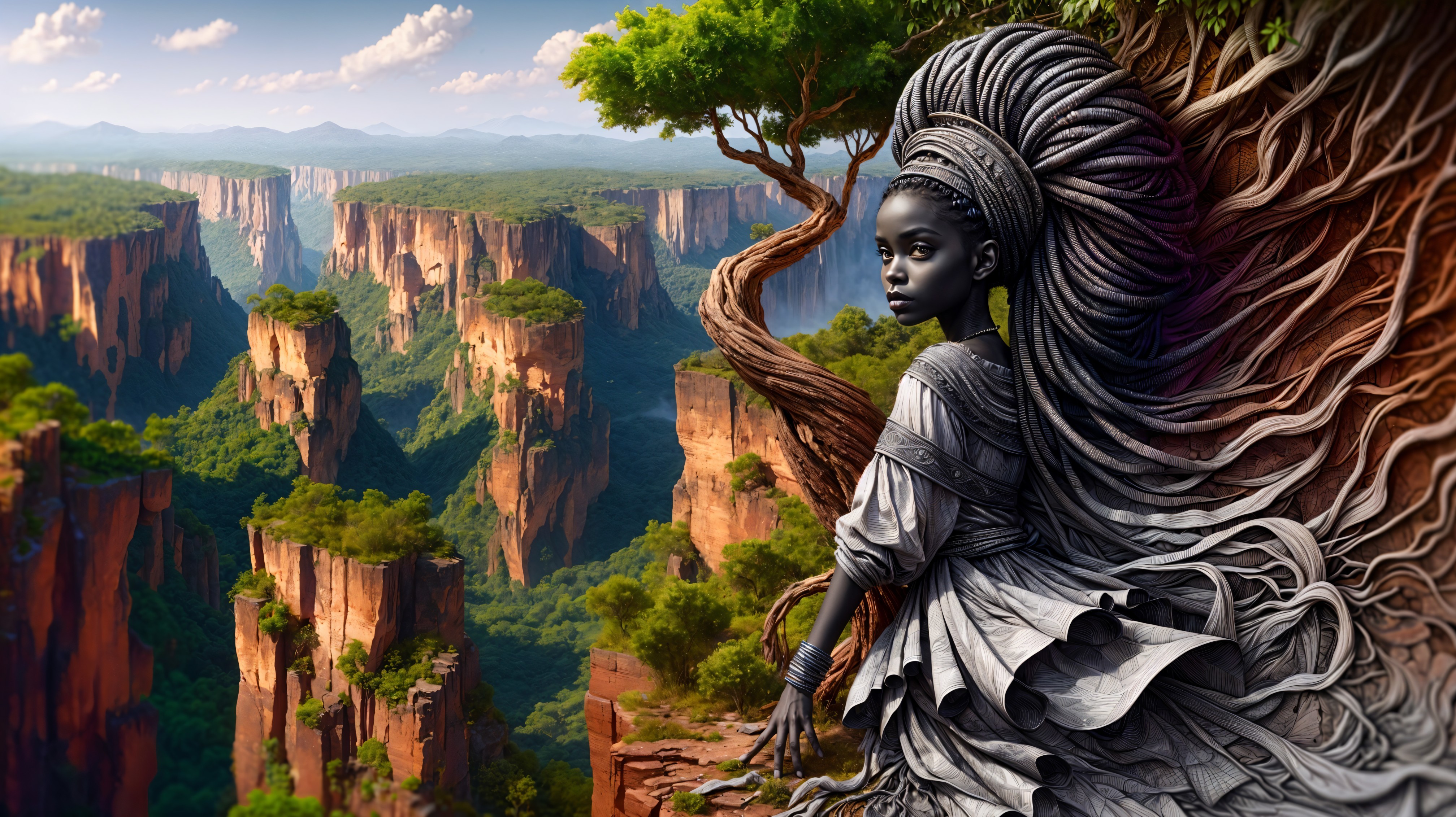 Young girl on a rocky ledge in canyon landscape