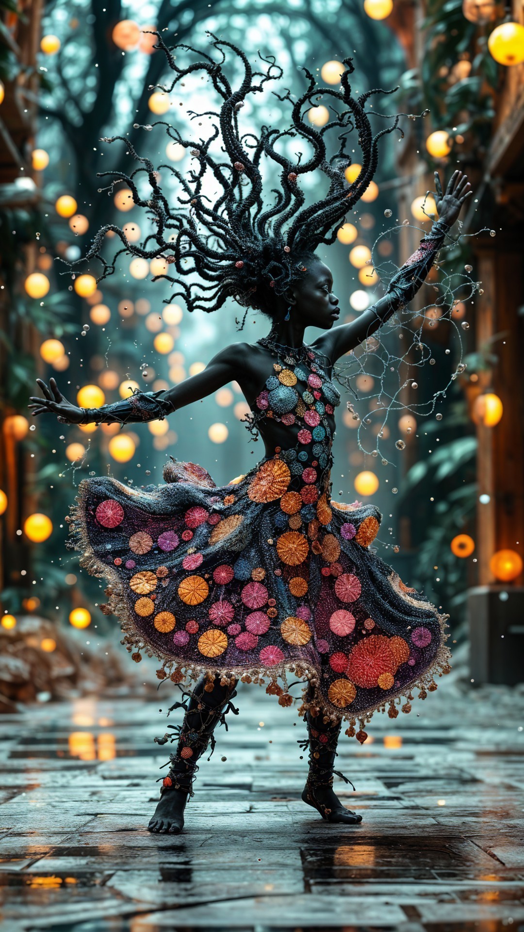 Silhouetted Dancer in Whimsical Lantern Alley