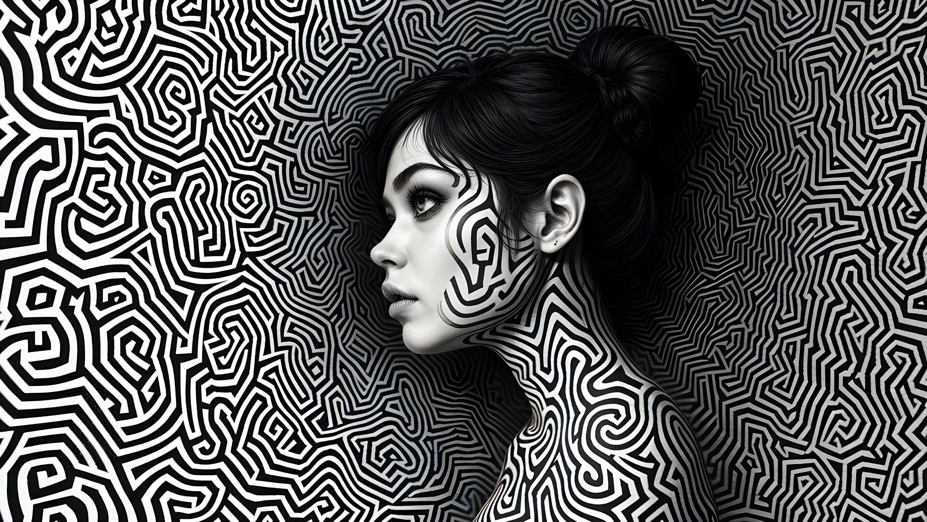 Black-and-White Artwork of Woman with Abstract Patterns