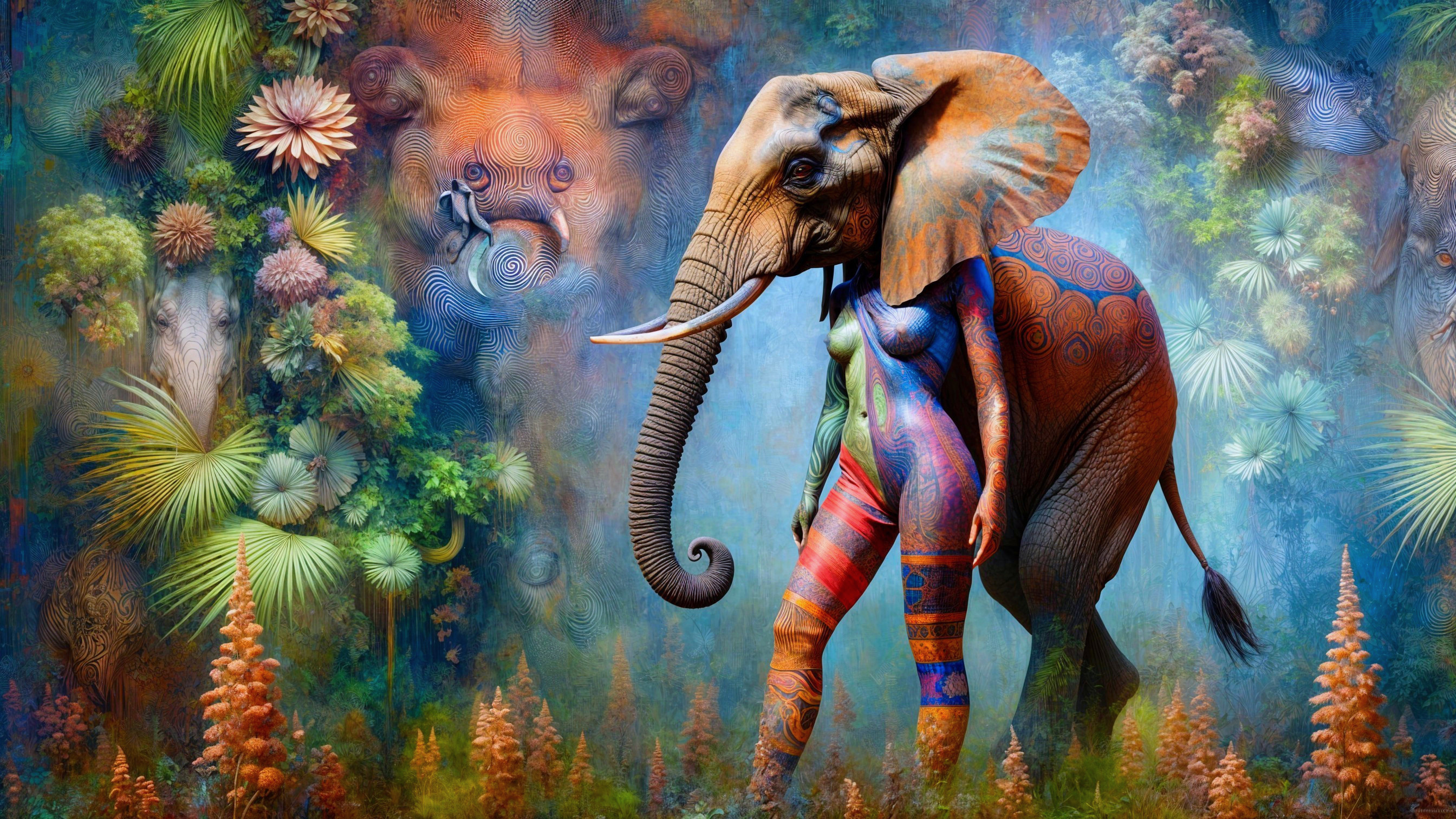 Surreal Scene of Elephant and Woman in Colorful Landscape