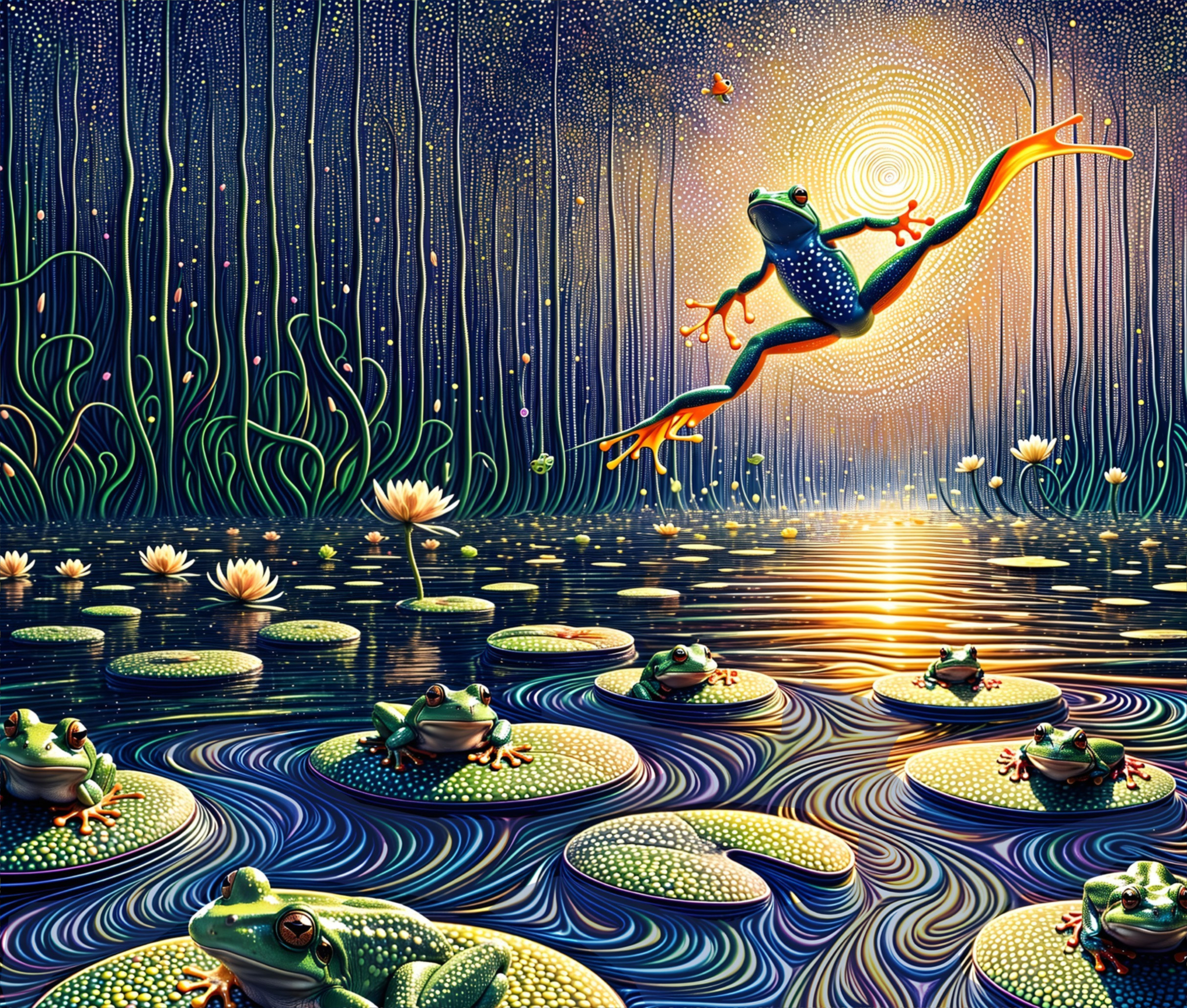 Surreal Scene of Colorful Frogs in a Shimmering Pond