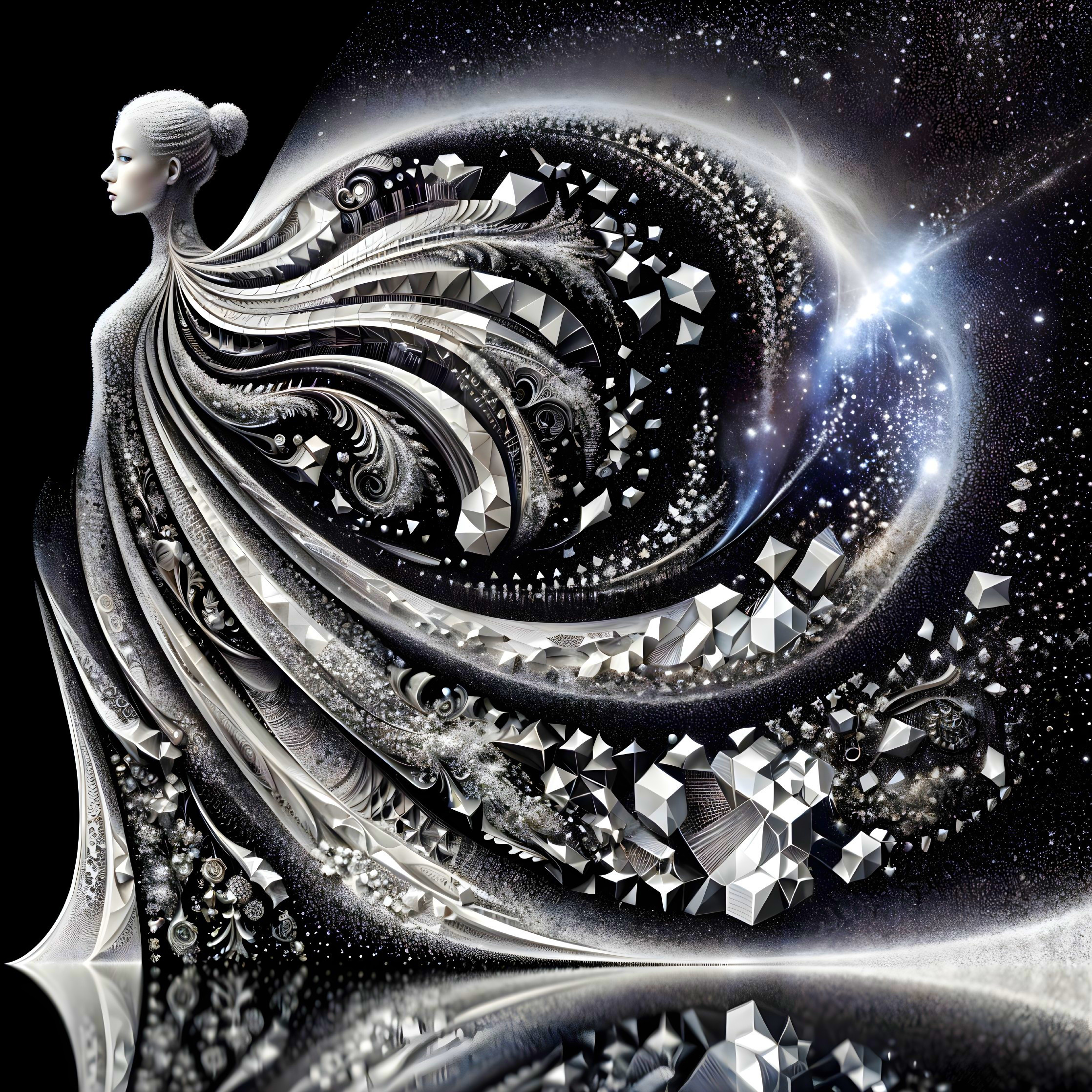 Ethereal Figure in Geometric Gown Against Cosmic Background