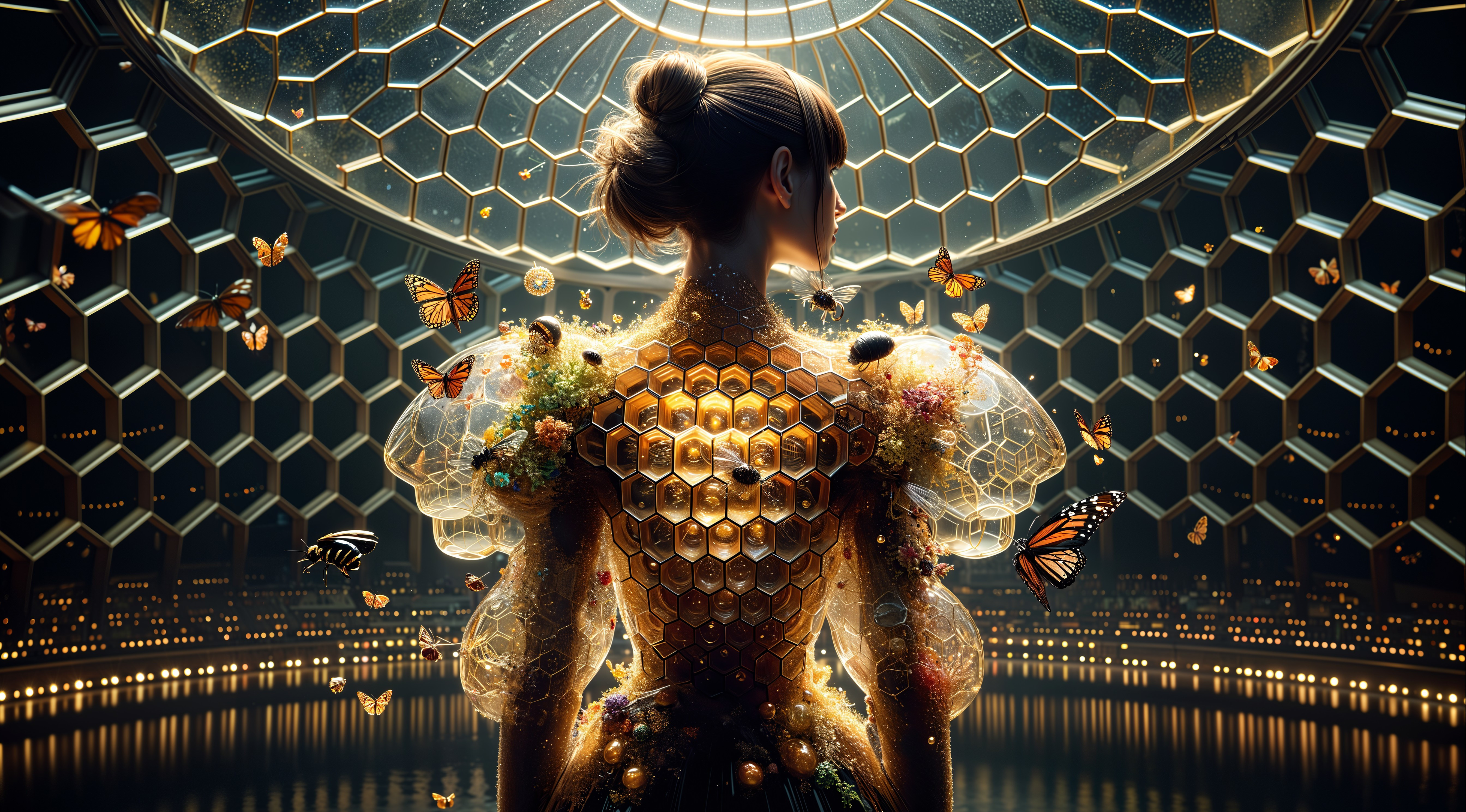 Figure in Honeycomb Dress Surrounded by Nature Elements